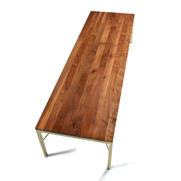 Walnut Brass and Leather MidCentury Modern Coffee Table Bench Combo at
