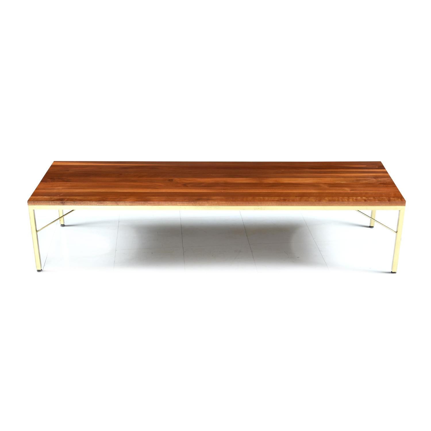 American Walnut Brass and Leather Mid-Century Modern Coffee Table Bench Combo