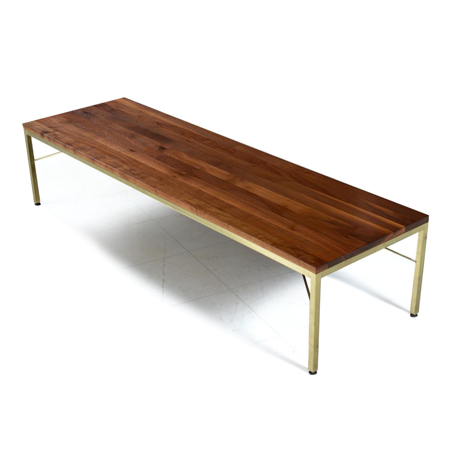 Walnut Brass and Leather Mid-Century Modern Coffee Table Bench Combo In Excellent Condition In Chattanooga, TN