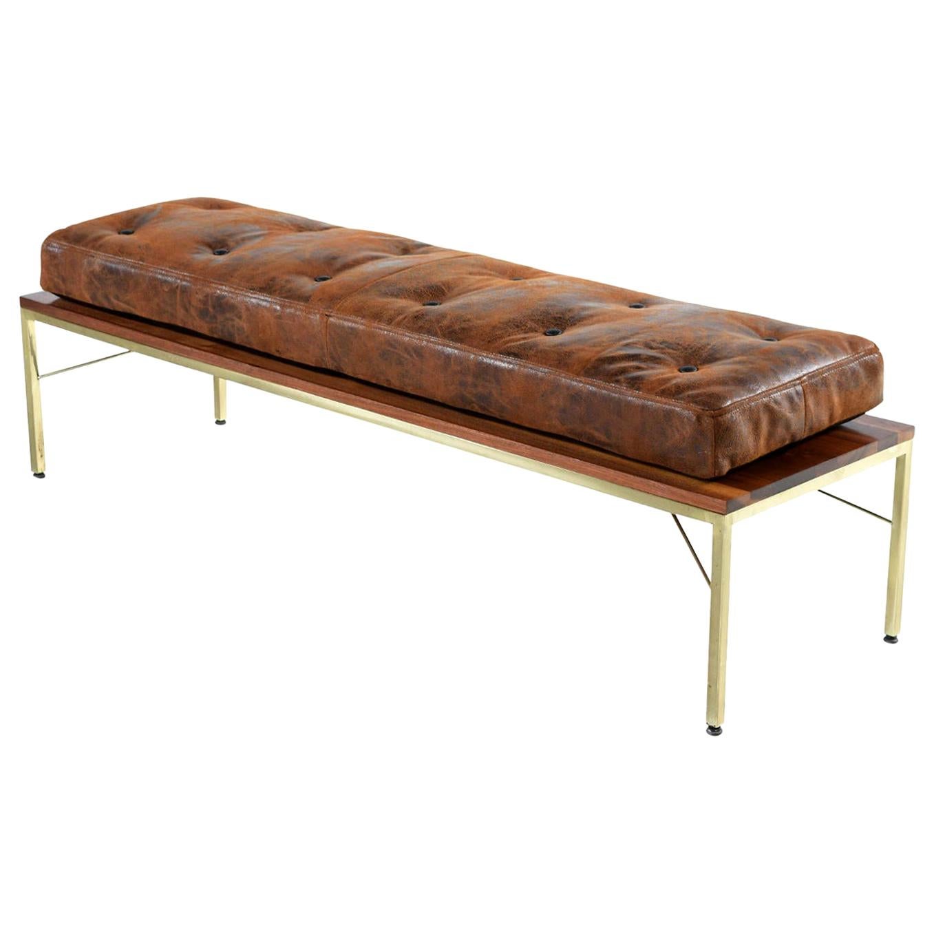 Walnut Brass and Leather Mid-Century Modern Coffee Table Bench Combo