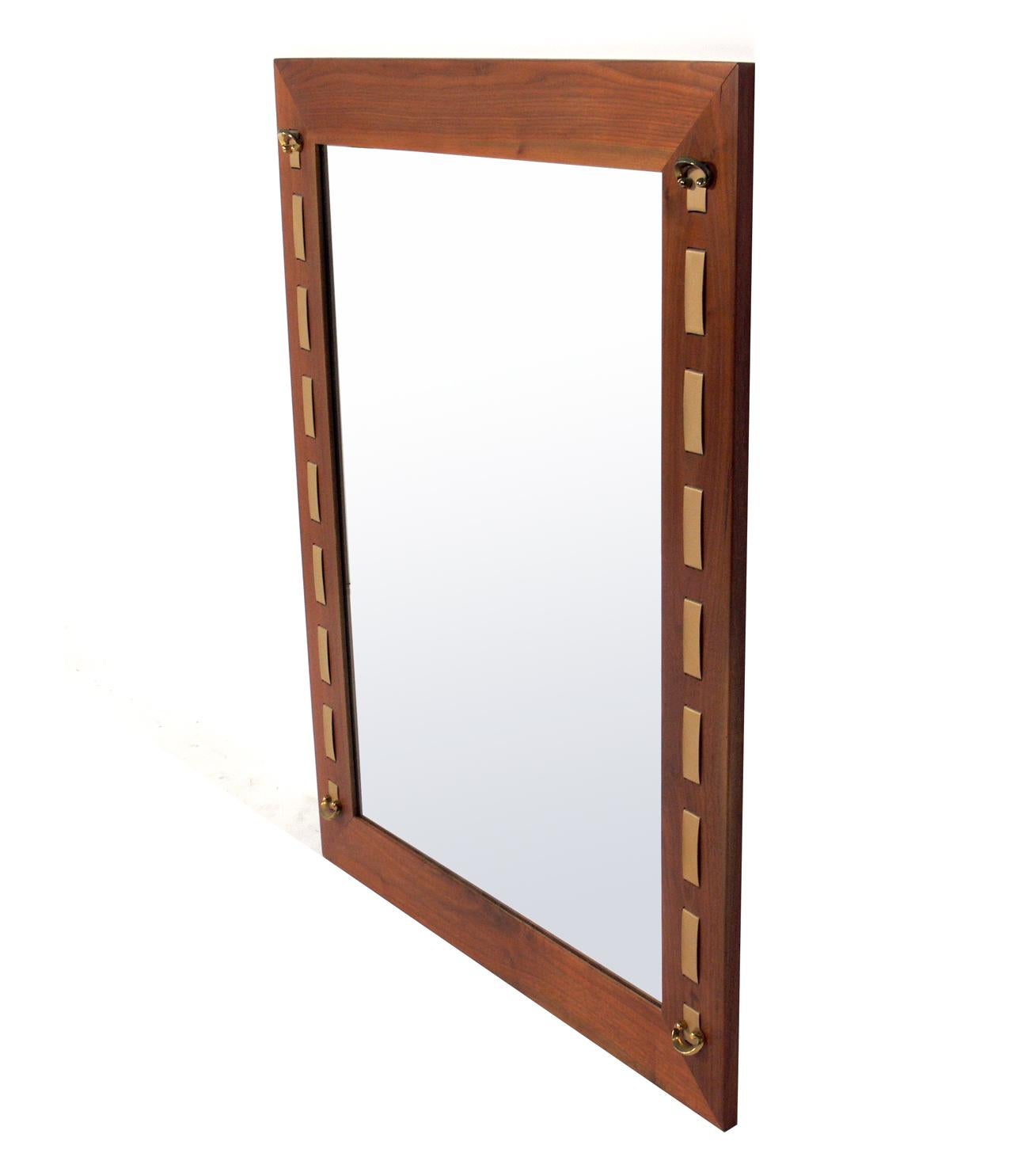 French Walnut Brass and Leather Strap Mirror