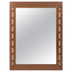 Walnut Brass and Leather Strap Mirror