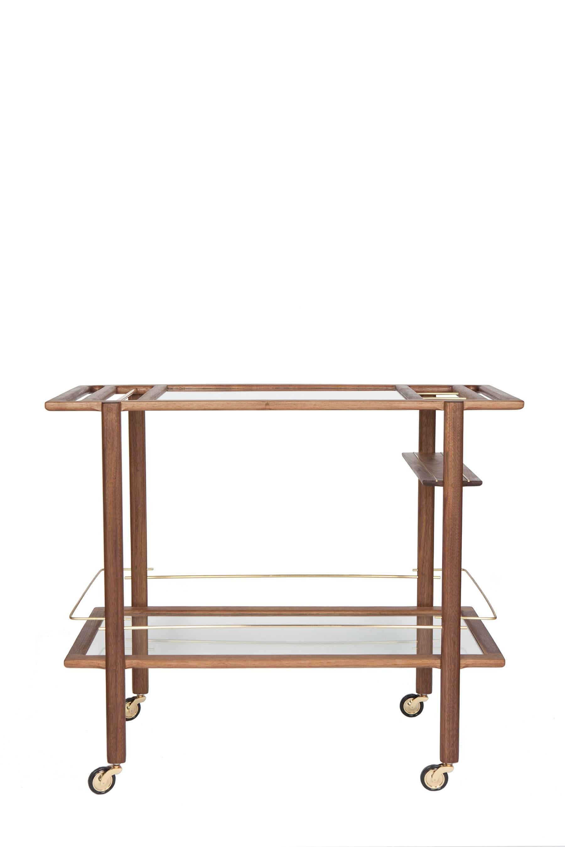 Walnut, Brass and Smoked Glass Barcart In New Condition For Sale In North Hollywood, CA