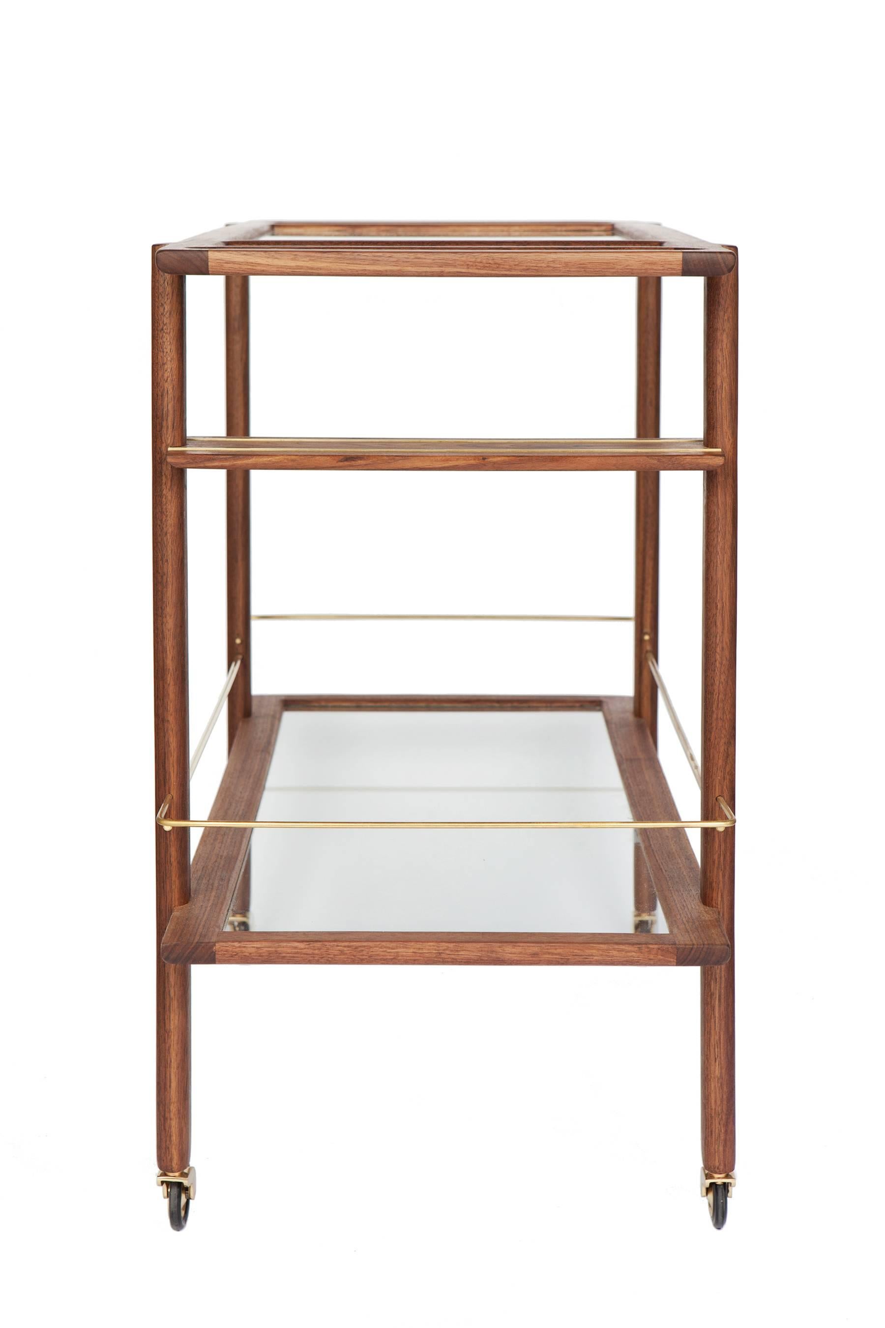 Contemporary Walnut, Brass and Smoked Glass Barcart For Sale