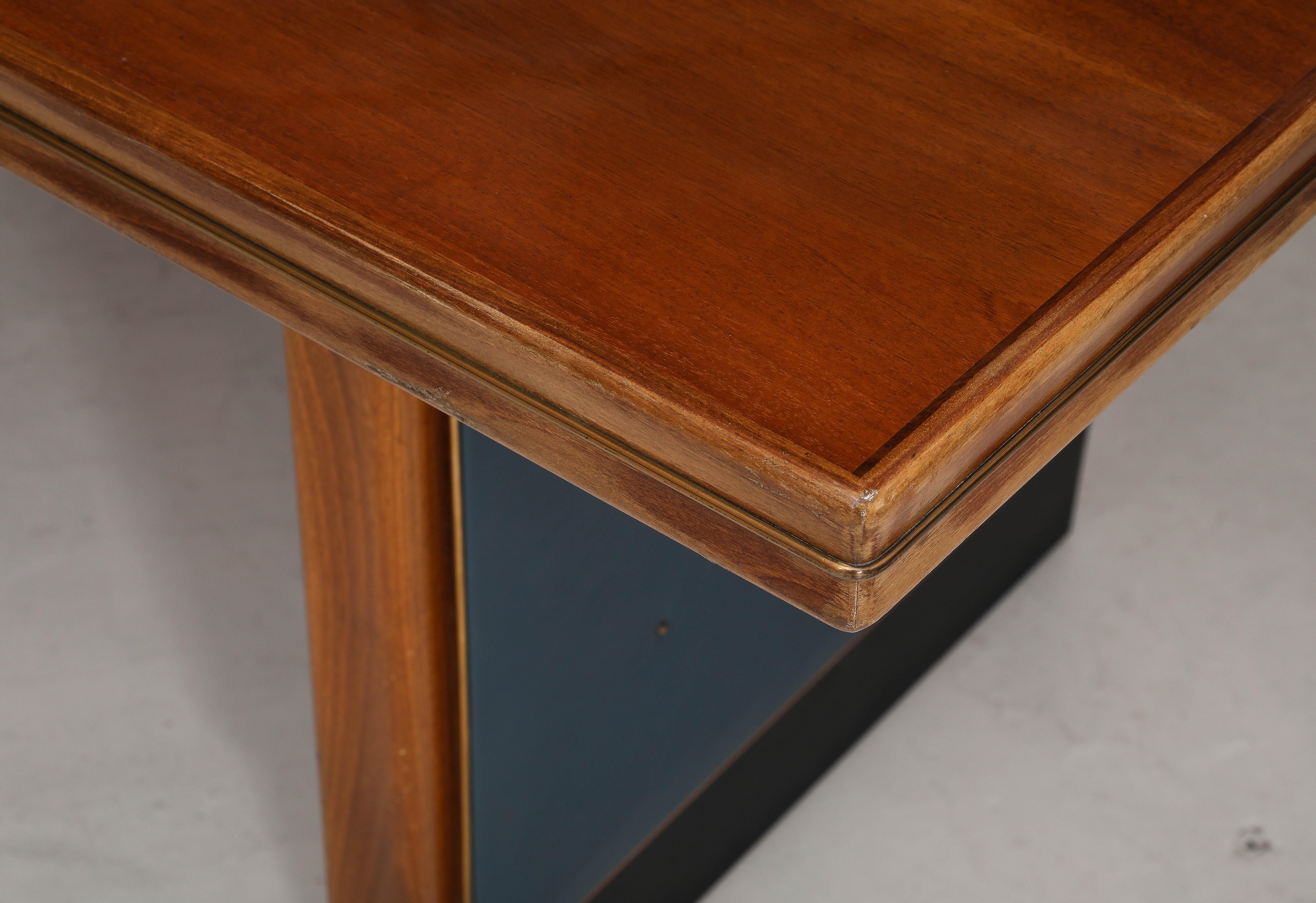 Walnut, Brass, Vinyl & Painted Wood Dining Table, Italy 1950's For Sale 11