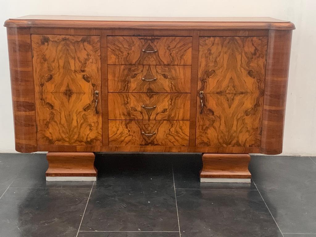Walnut & Briar Sideboard, Mirror, Table & Chairs Set, 1940s, Set of 7 For Sale 5