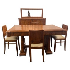 Vintage Walnut & Briar Sideboard, Mirror, Table & Chairs Set, 1940s, Set of 7
