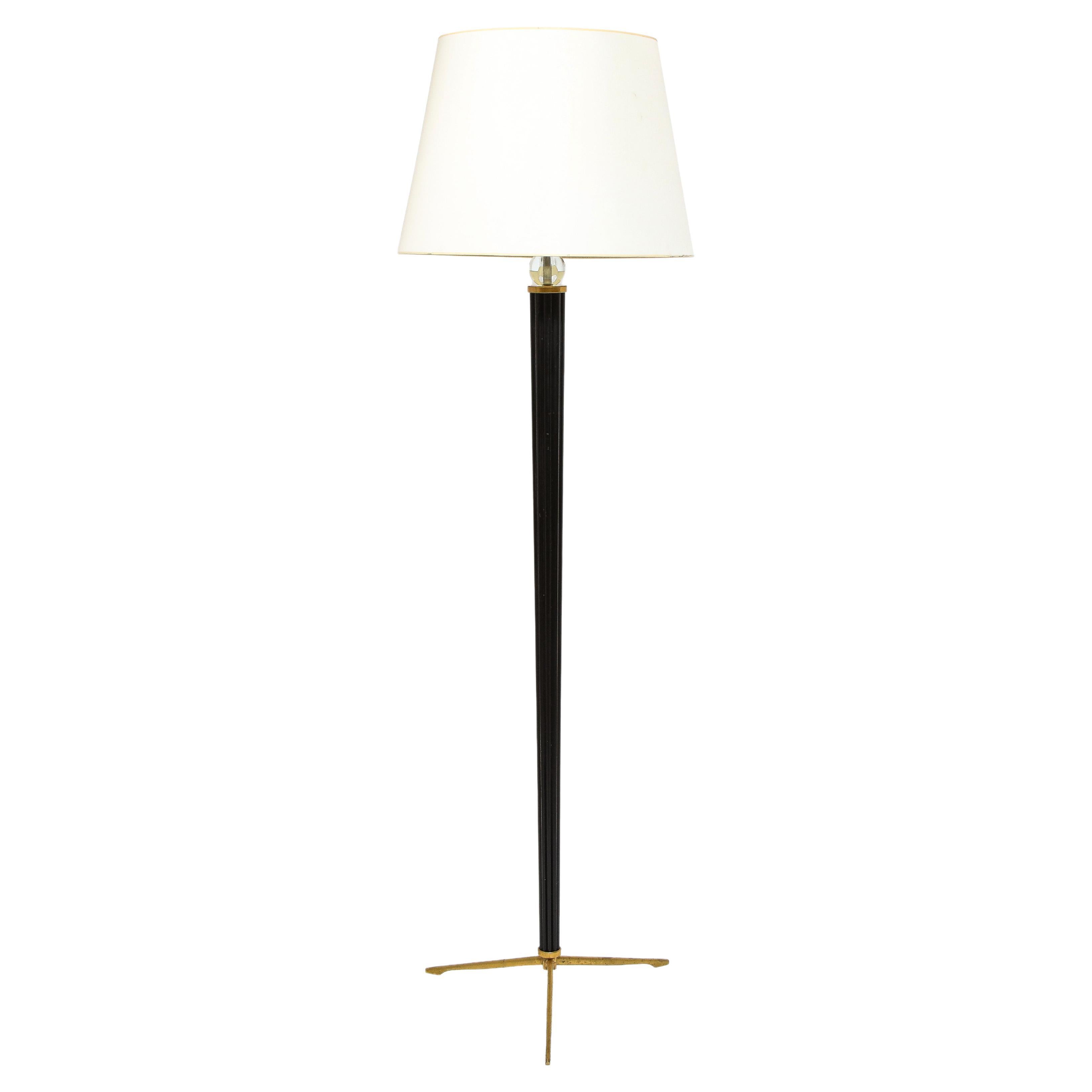 Walnut Bronze and Crystal Floor Lamp, Italy 1960's  For Sale