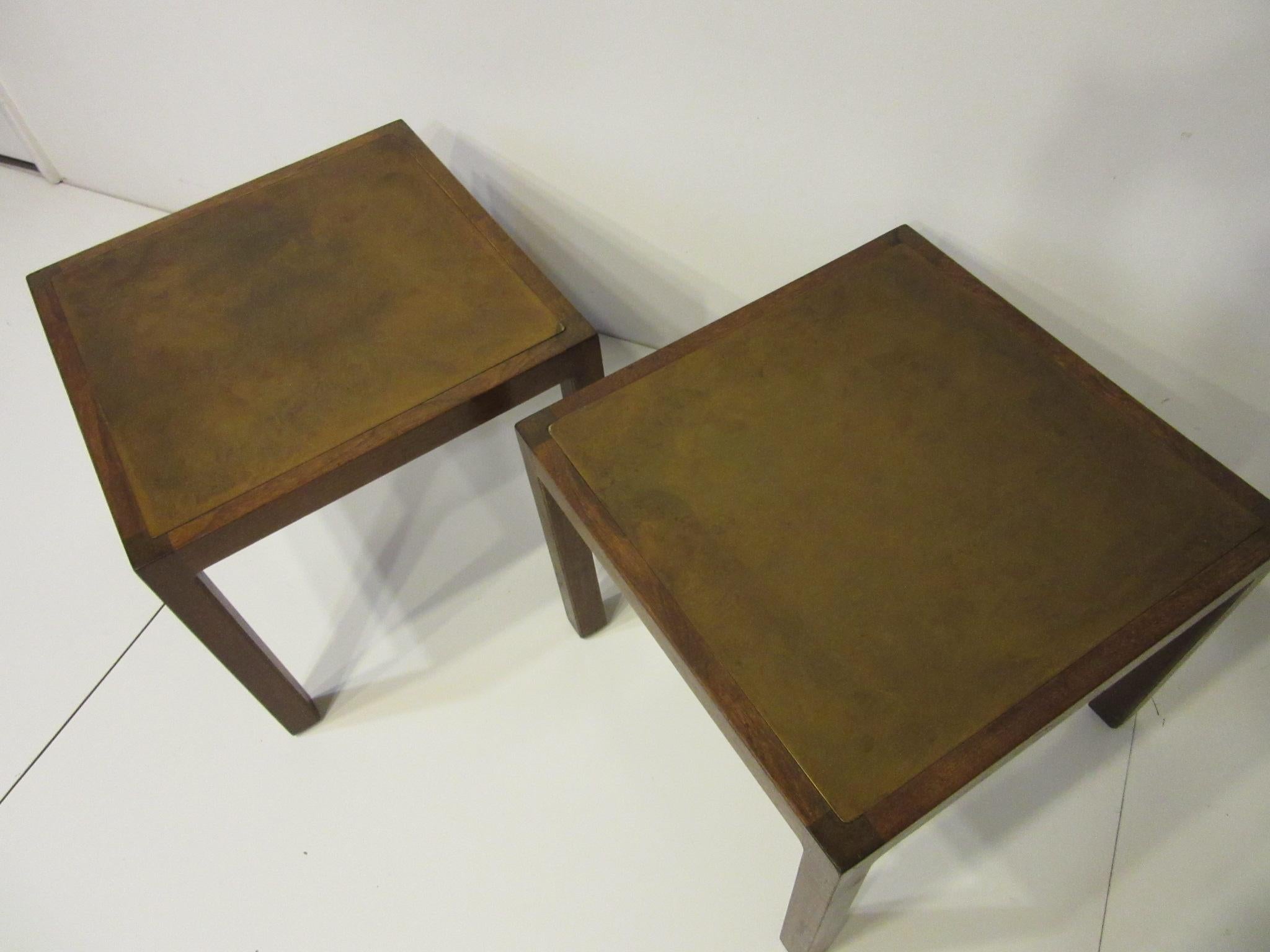 Mid-Century Modern Walnut / Etched Brass Danish Styled Side Tables by Harry Lunstead