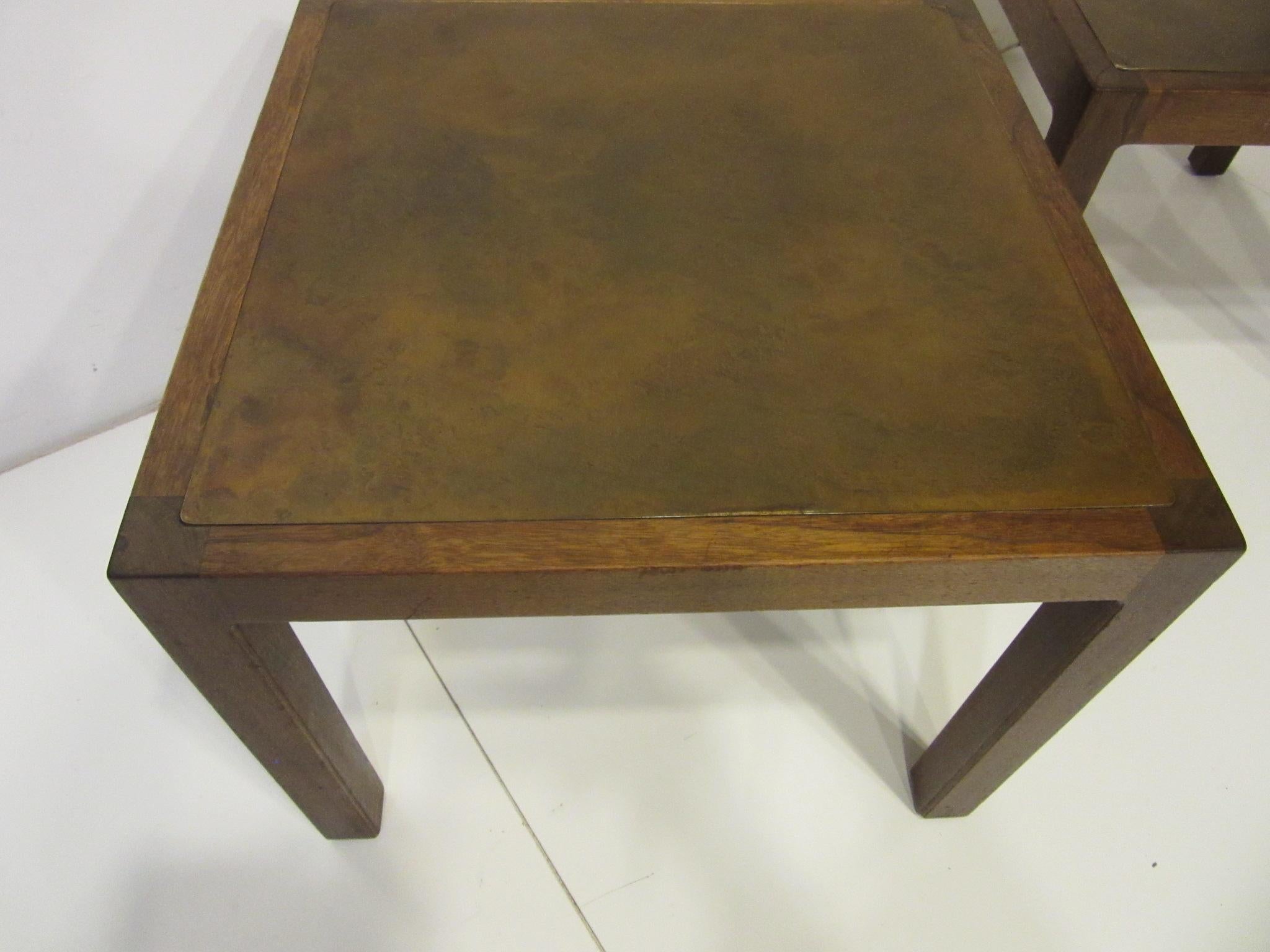 American Walnut / Etched Brass Danish Styled Side Tables by Harry Lunstead