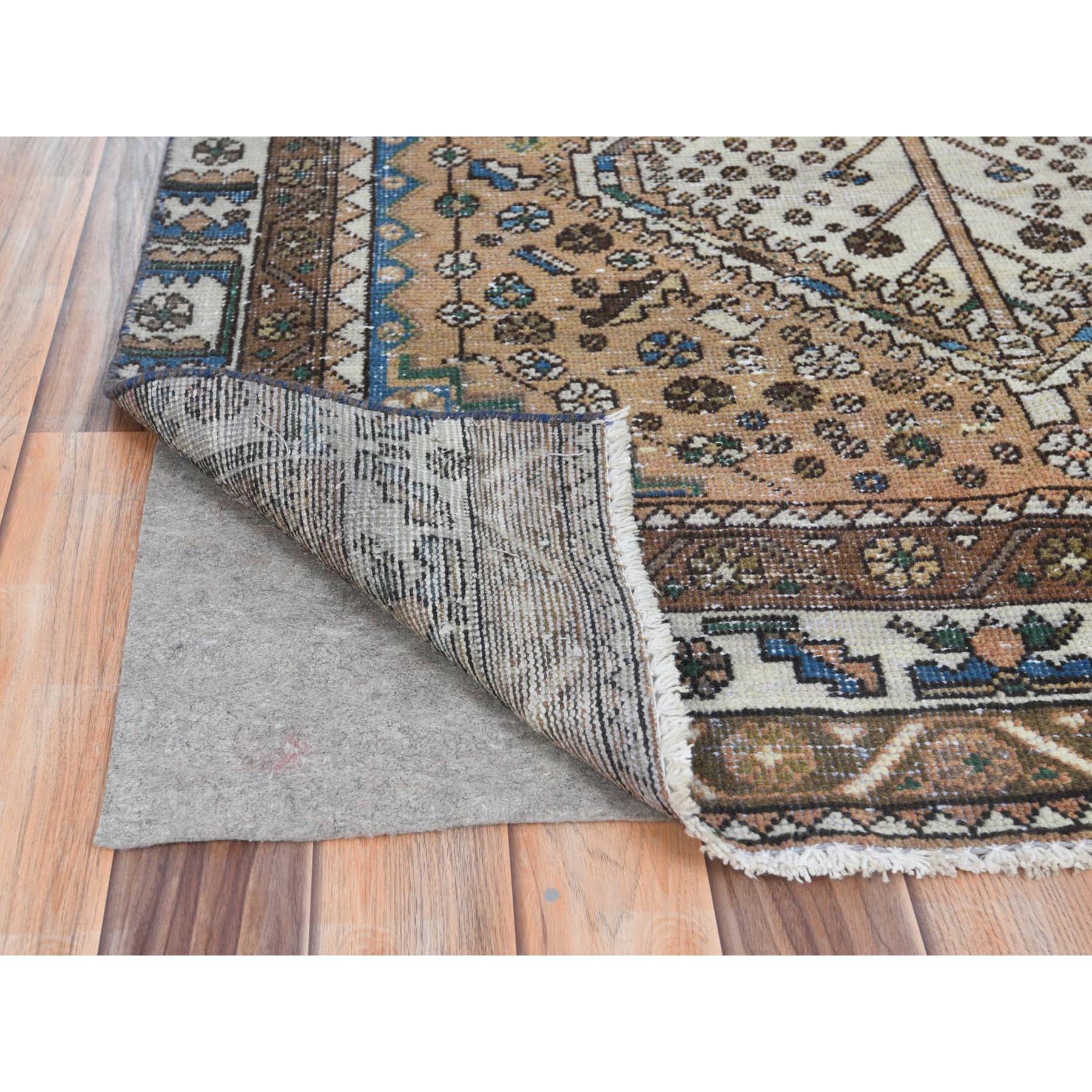 Medieval Walnut Brown, Distressed Look Worn Wool Hand Knotted, Vintage Persian Shiraz Rug For Sale