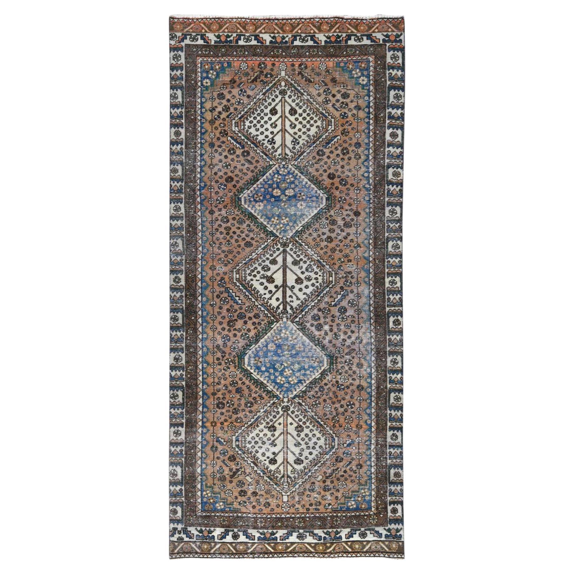 Walnut Brown, Distressed Look Worn Wool Hand Knotted, Vintage Persian Shiraz Rug