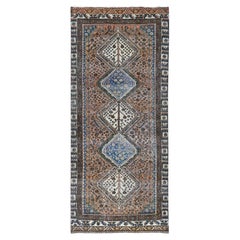 Walnut Brown, Distressed Look Worn Wool Hand Knotted, Retro Persian Shiraz Rug