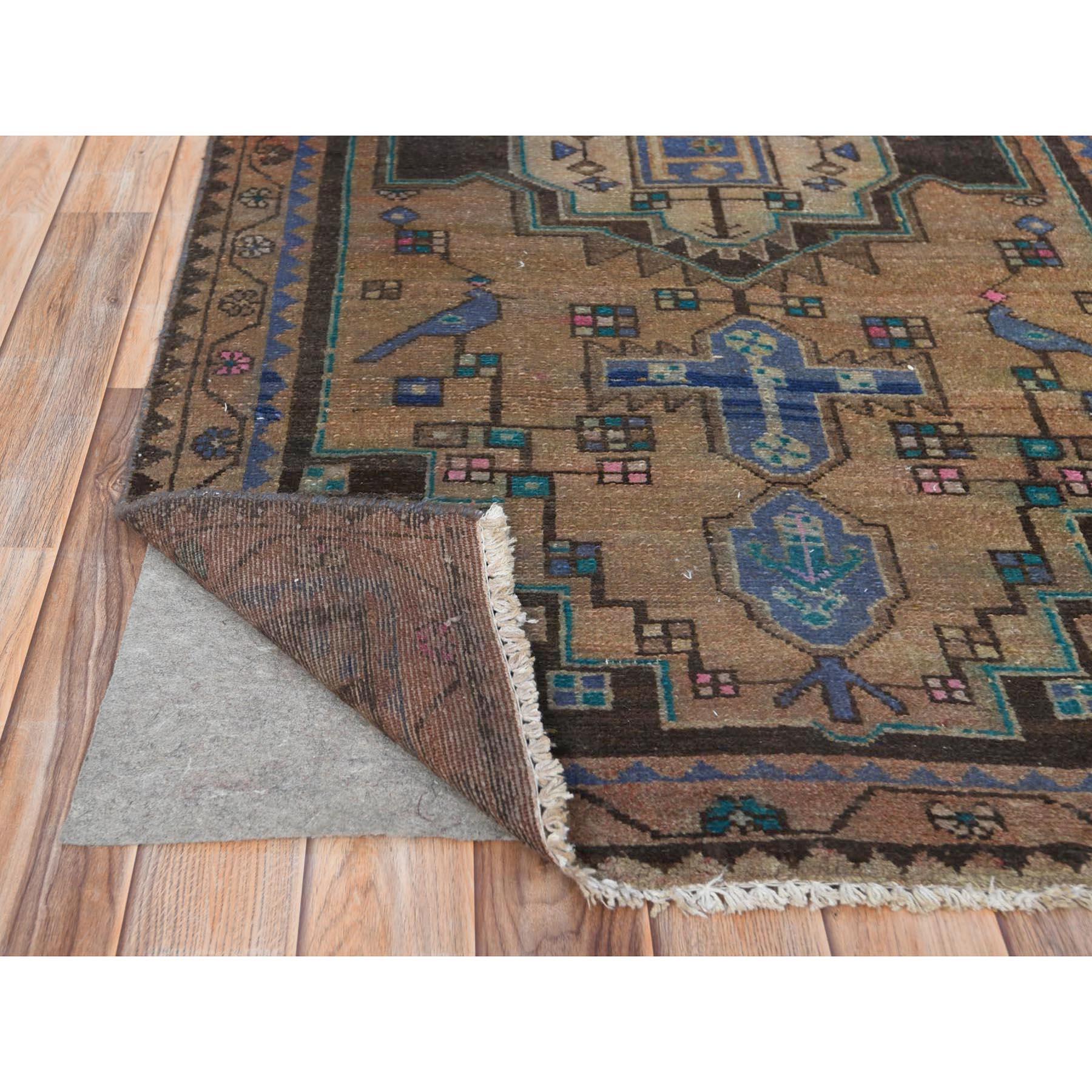 Walnut Brown Hand Knotted Vintage Persian Hamadan, Abrash Worn Wool Runner Rug In Good Condition For Sale In Carlstadt, NJ
