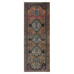 Walnut Brown Hand Knotted Retro Persian Hamadan, Abrash Worn Wool Runner Rug