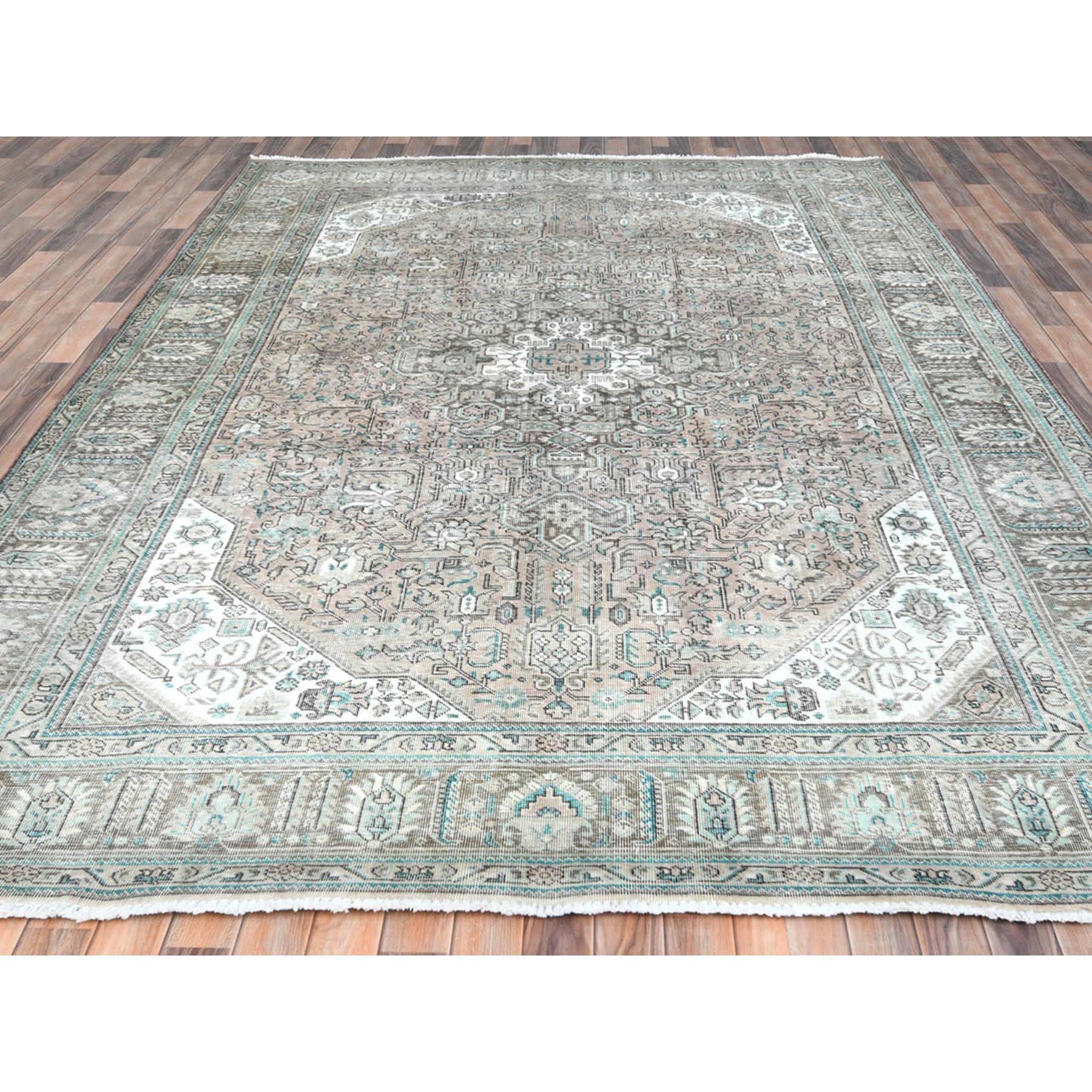 Hand-Knotted Walnut Brown Hand Knotted Vintage Persian Tabriz Distressed Look Worn Wool Rug For Sale