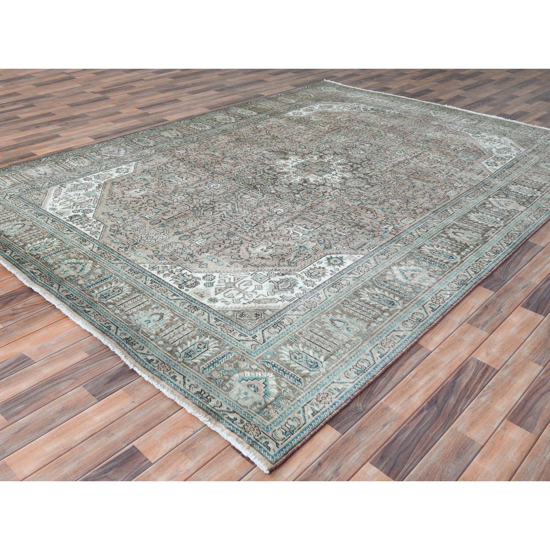 Walnut Brown Hand Knotted Vintage Persian Tabriz Distressed Look Worn Wool Rug In Good Condition For Sale In Carlstadt, NJ