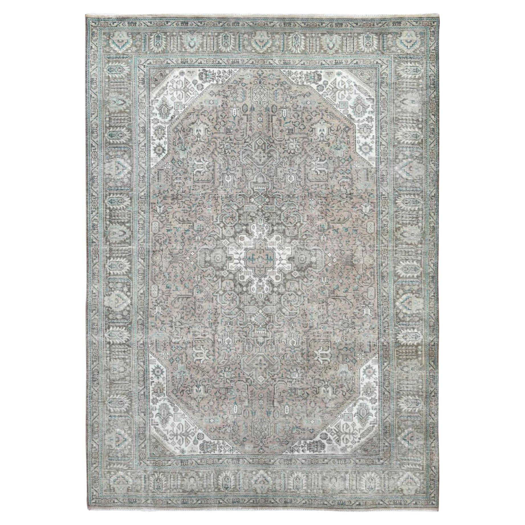 Walnut Brown Hand Knotted Vintage Persian Tabriz Distressed Look Worn Wool Rug For Sale