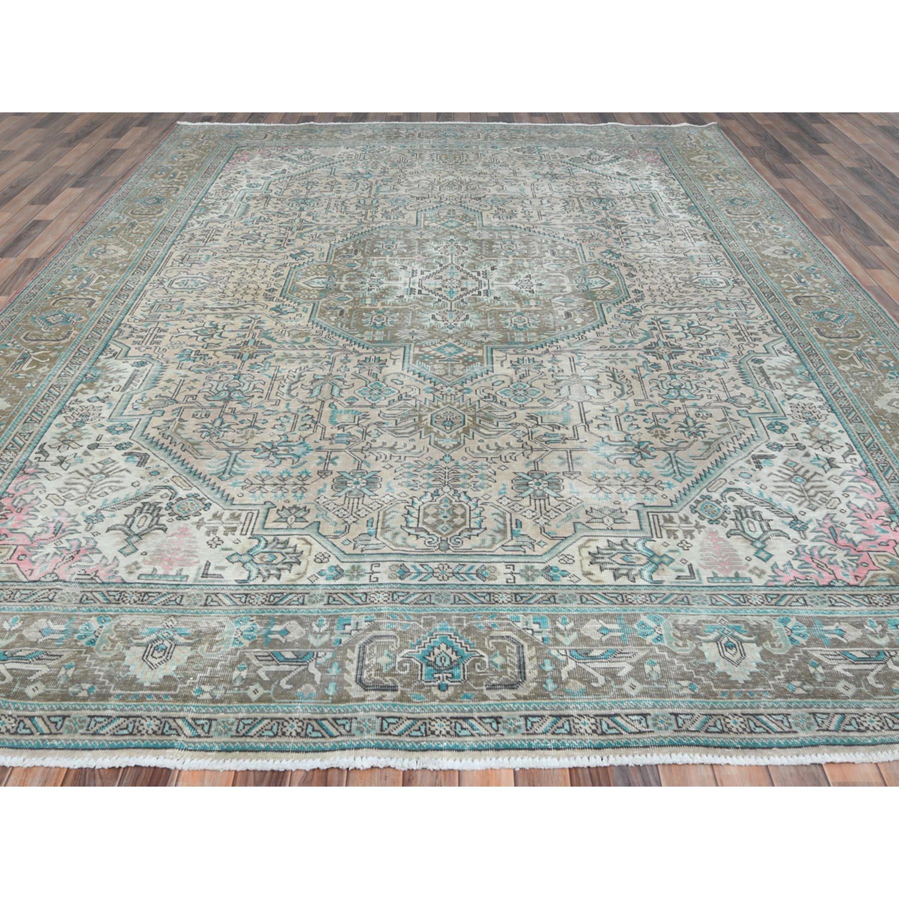 Hand-Knotted Walnut Brown Hand Knotted Worn Wool Distressed Look Vintage Persian Tabriz Rug For Sale