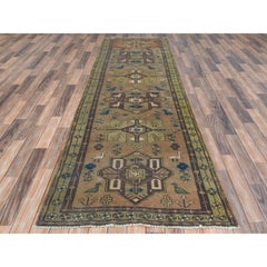 Walnut Brown, Northwest Persian Wide Runner Abrash, Hand Knotted Worn Wool Rug