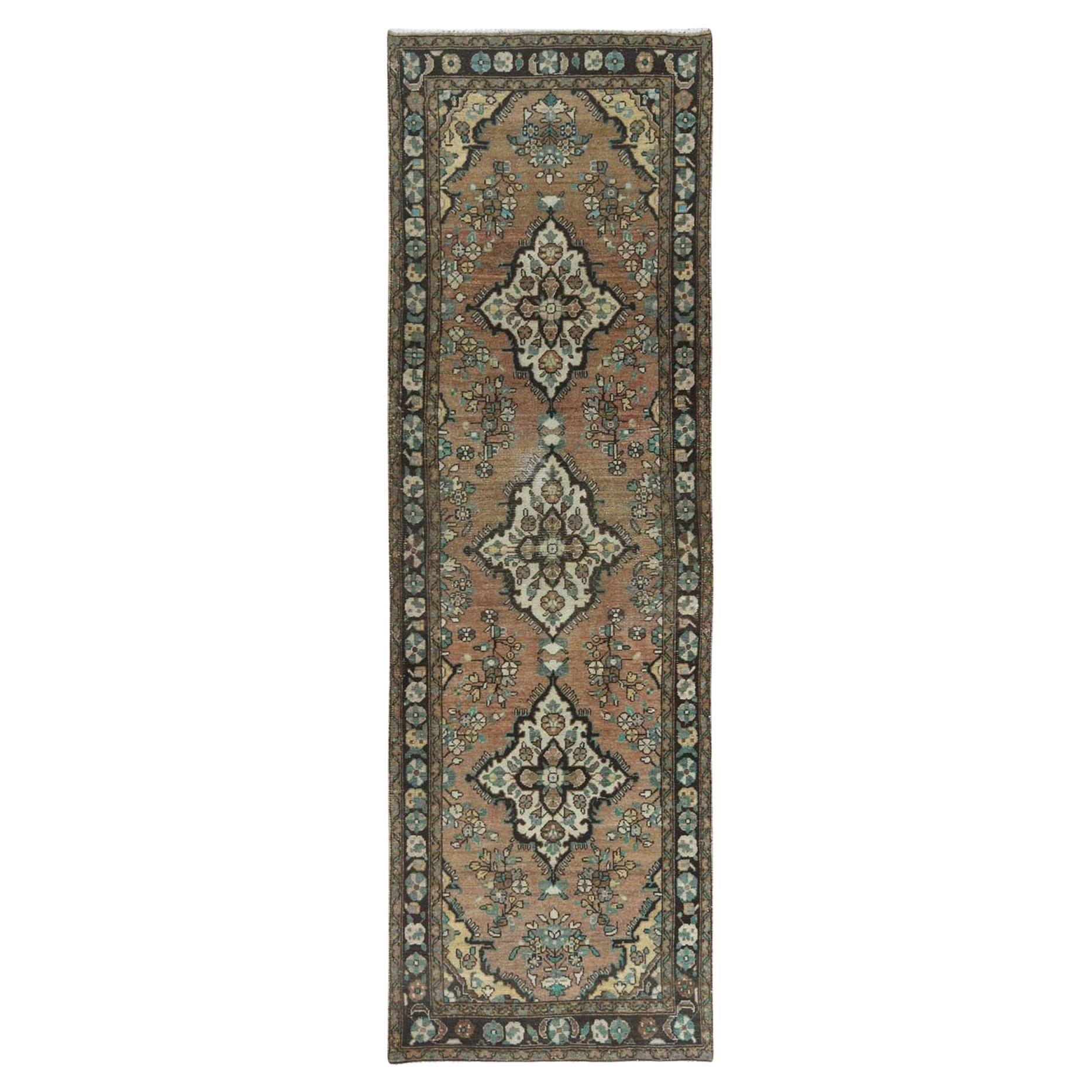 Walnut Brown, Vintage Persian Bibikabad, Distressed, Worn Wool Hand Knotted Rug For Sale