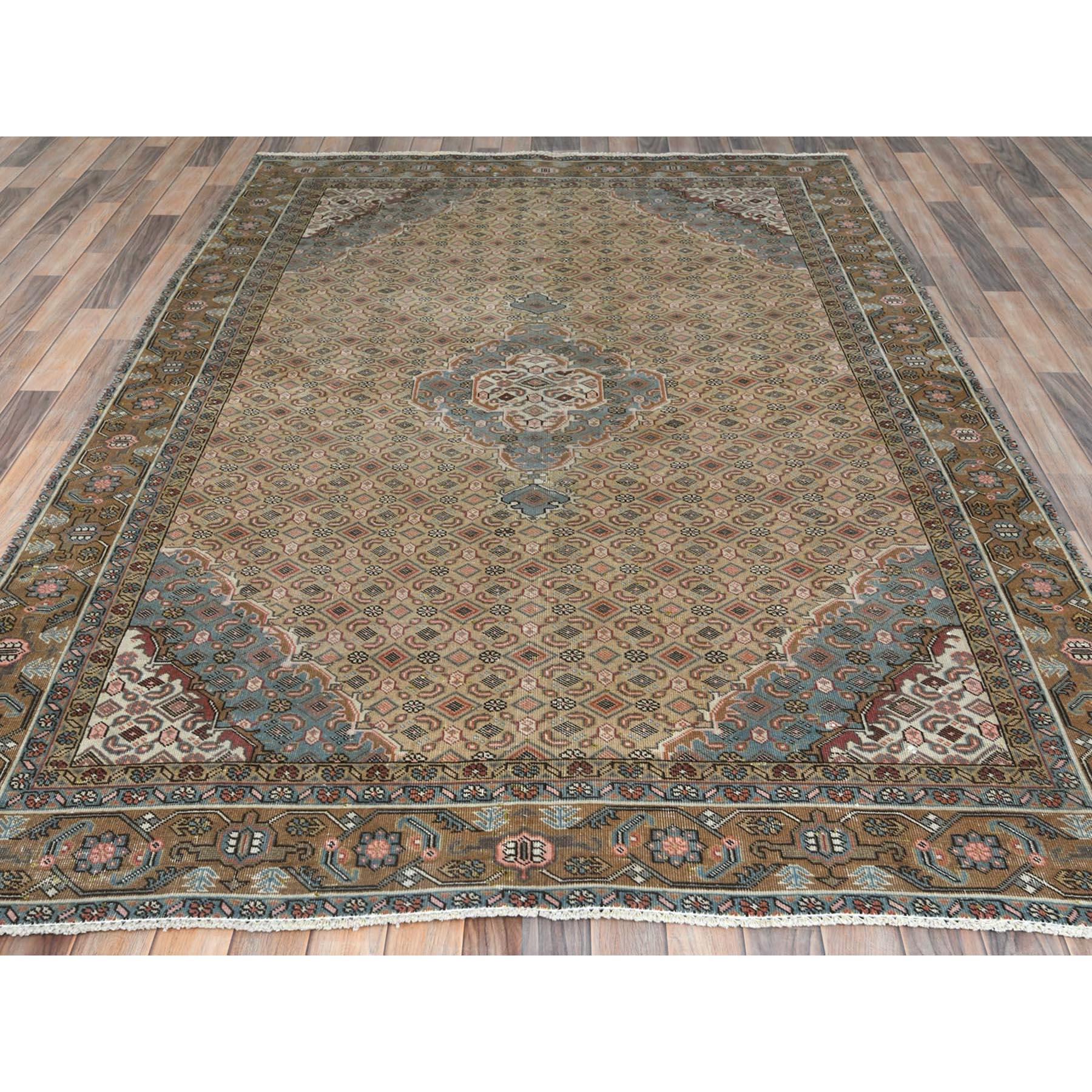 Hand-Knotted Walnut Brown Vintage Persian Tabriz Worn Wool Distressed Hand Knotted Rug For Sale