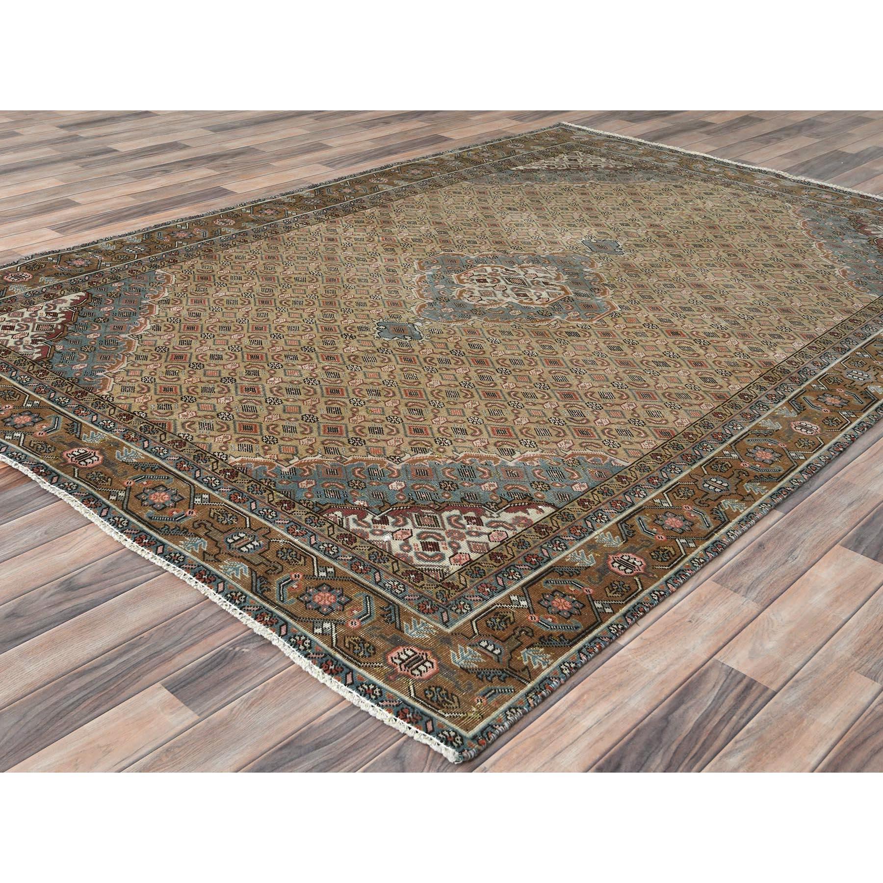Walnut Brown Vintage Persian Tabriz Worn Wool Distressed Hand Knotted Rug In Good Condition For Sale In Carlstadt, NJ