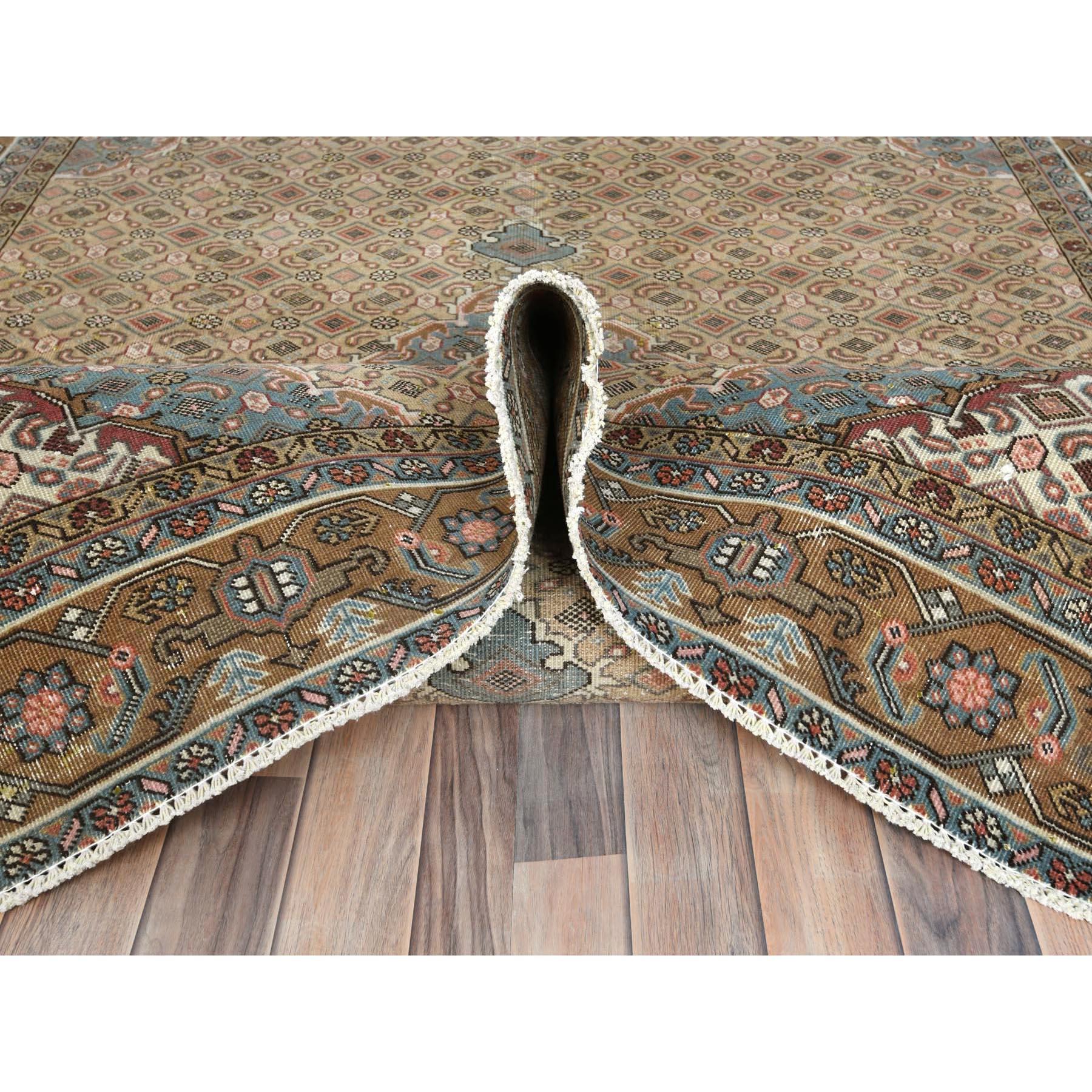 Walnut Brown Vintage Persian Tabriz Worn Wool Distressed Hand Knotted Rug For Sale 1