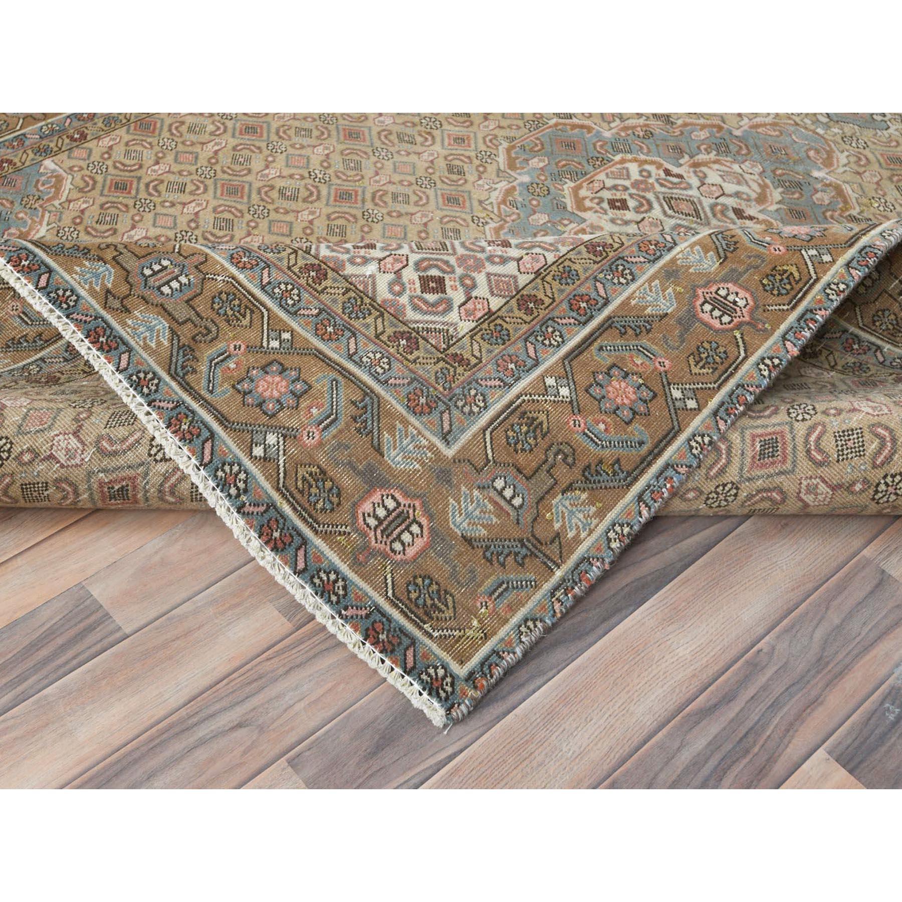 Walnut Brown Vintage Persian Tabriz Worn Wool Distressed Hand Knotted Rug For Sale 2