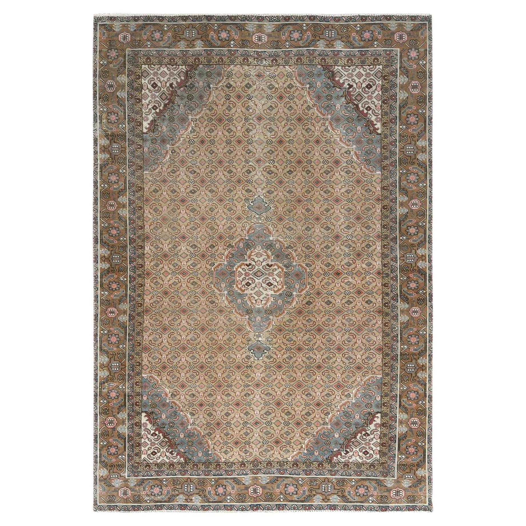 Walnut Brown Vintage Persian Tabriz Worn Wool Distressed Hand Knotted Rug For Sale