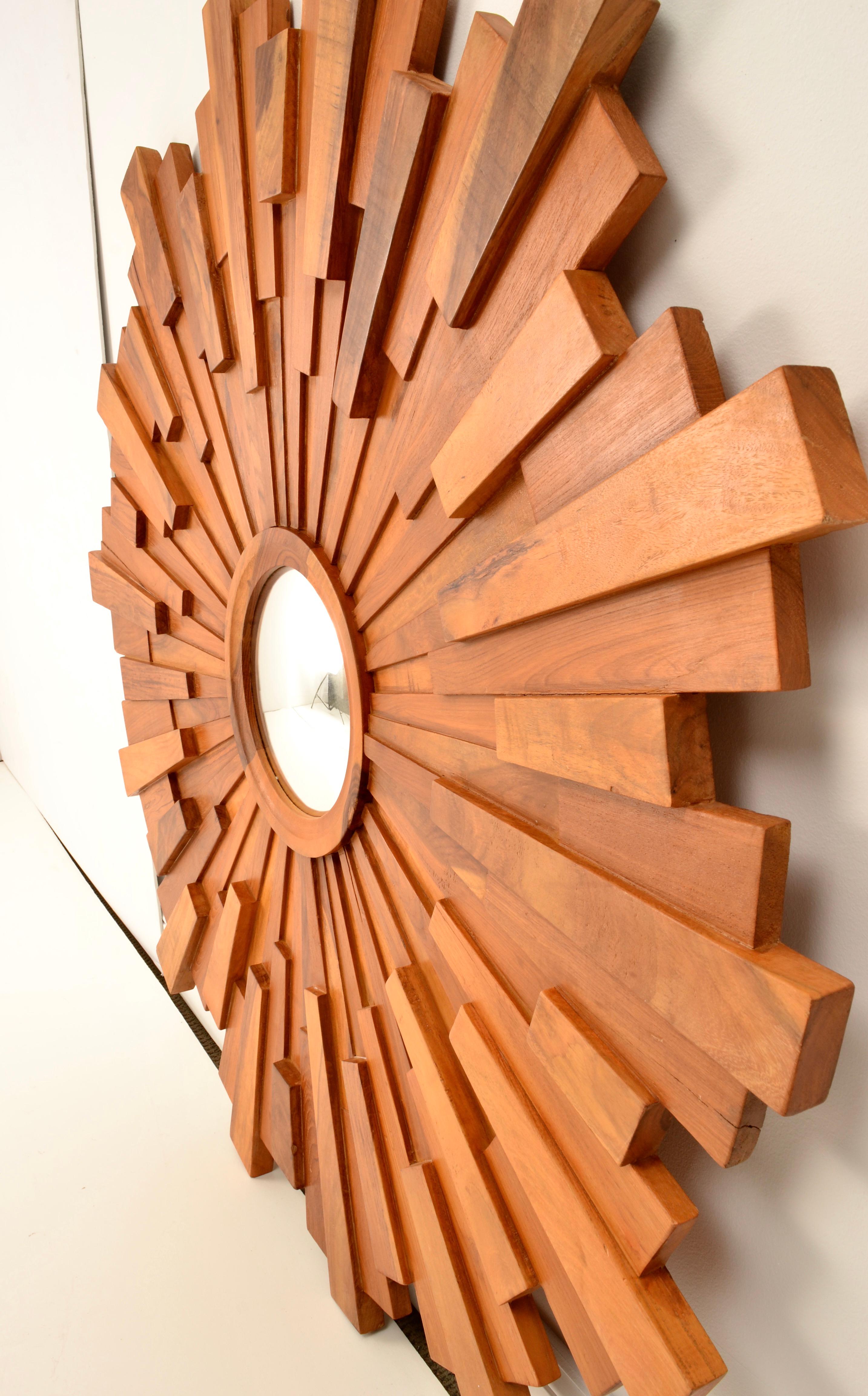 20th Century Walnut Brutalist-Style Sunburst Mirror For Sale