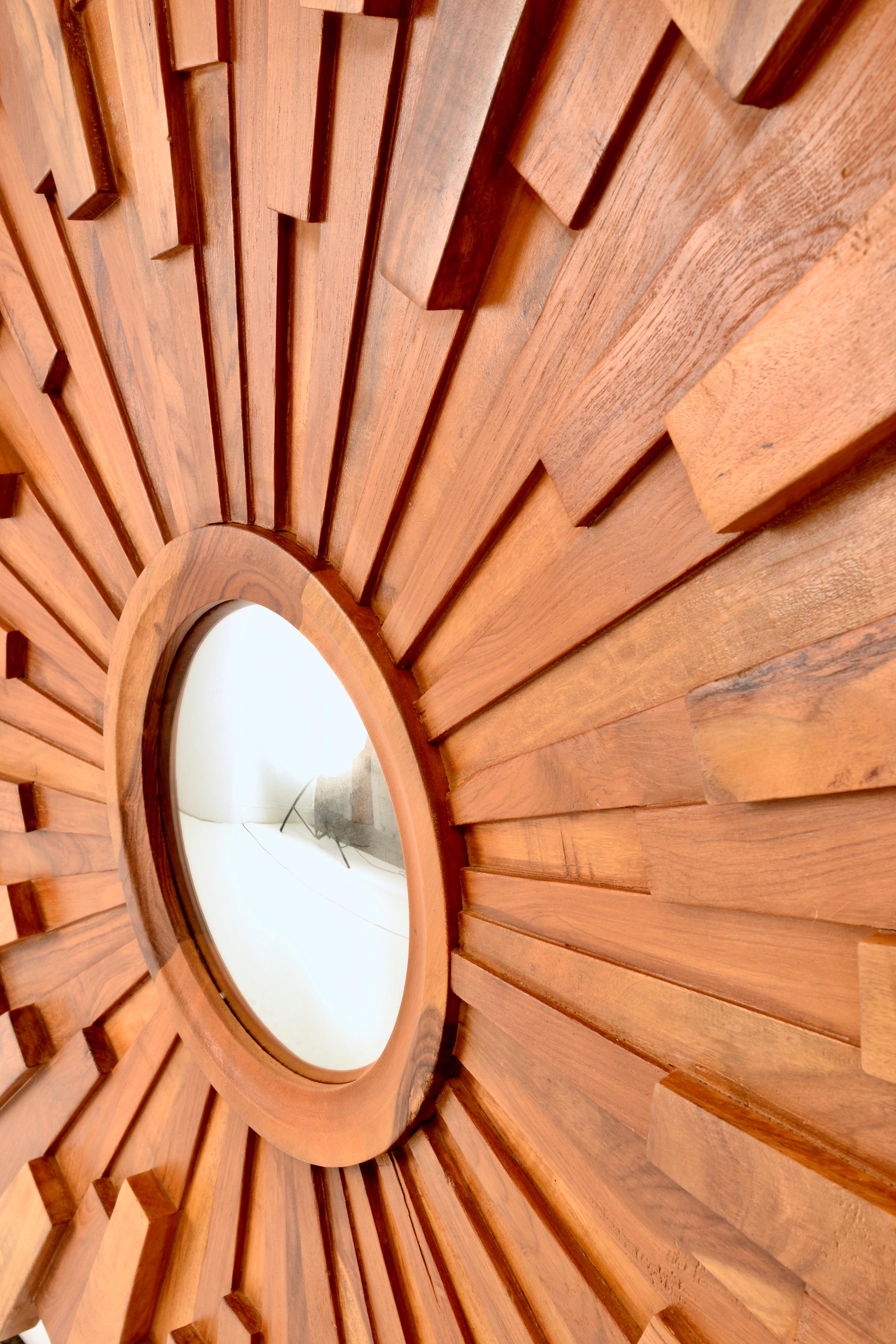 Walnut Brutalist-Style Sunburst Mirror For Sale 3