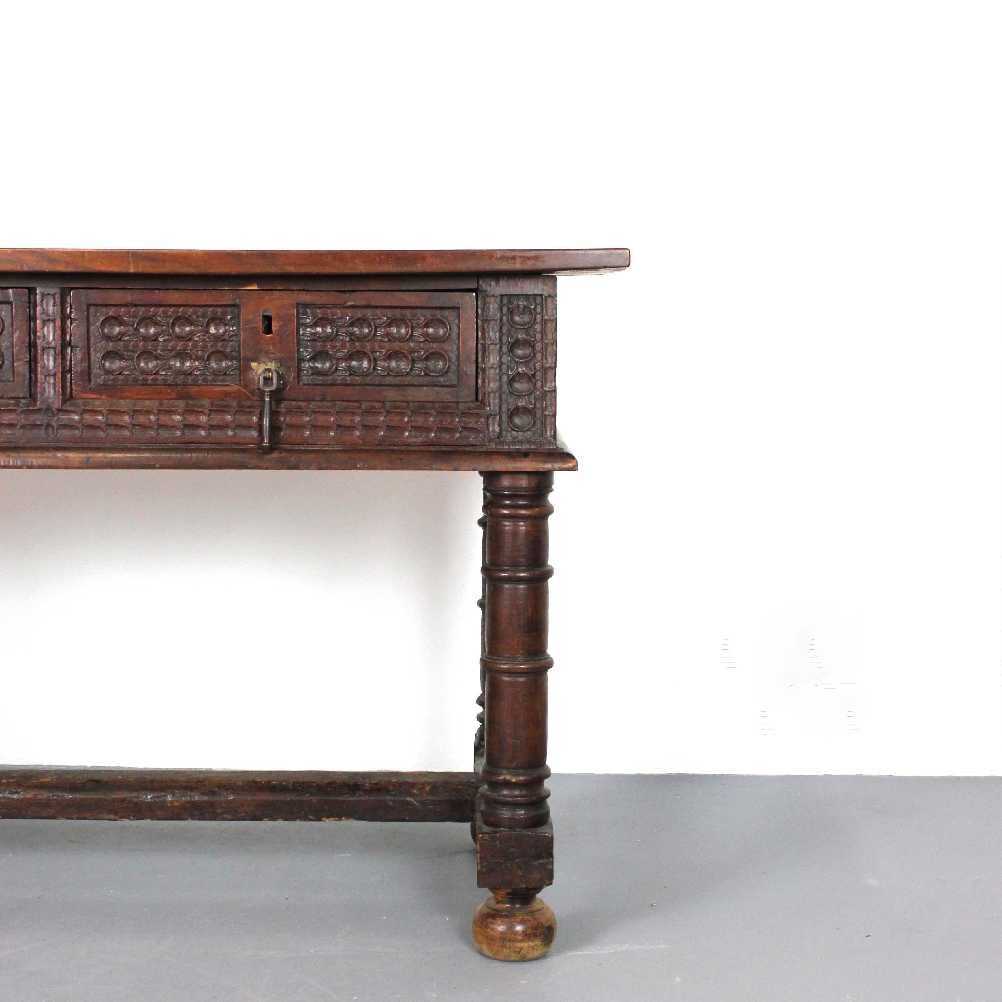 Spanish Walnut buffet table with turned legs and 