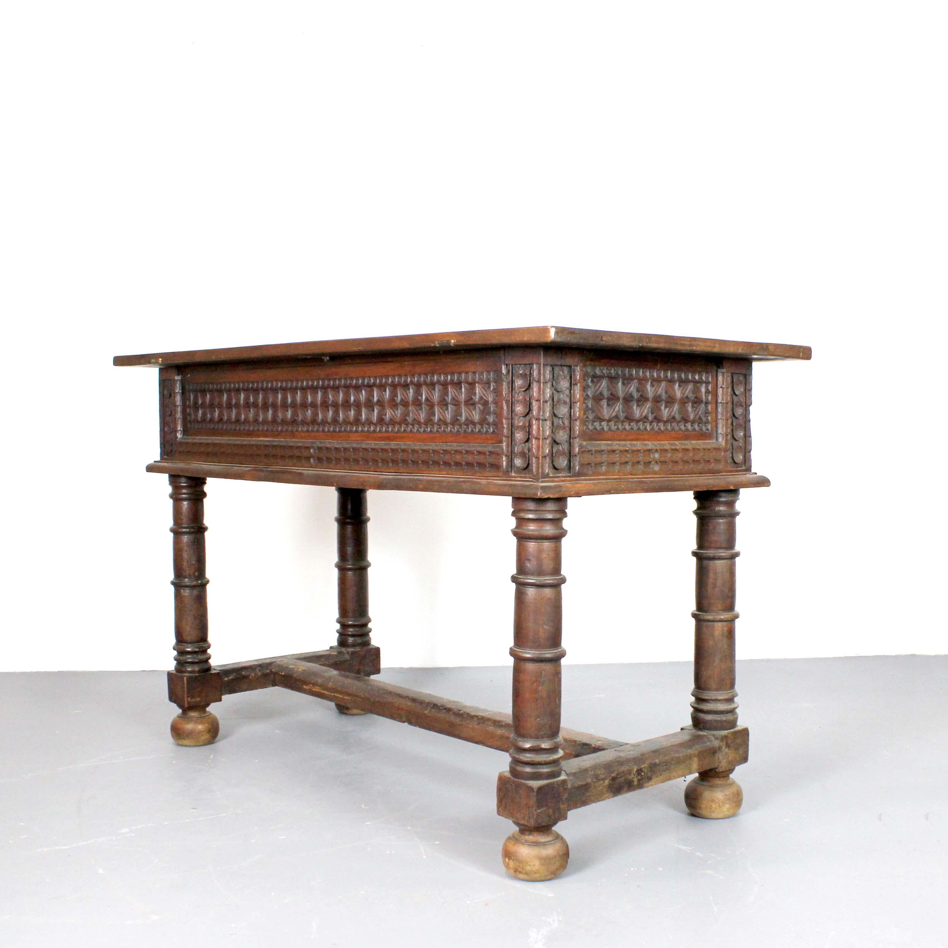 18th Century and Earlier Walnut buffet table with turned legs and 