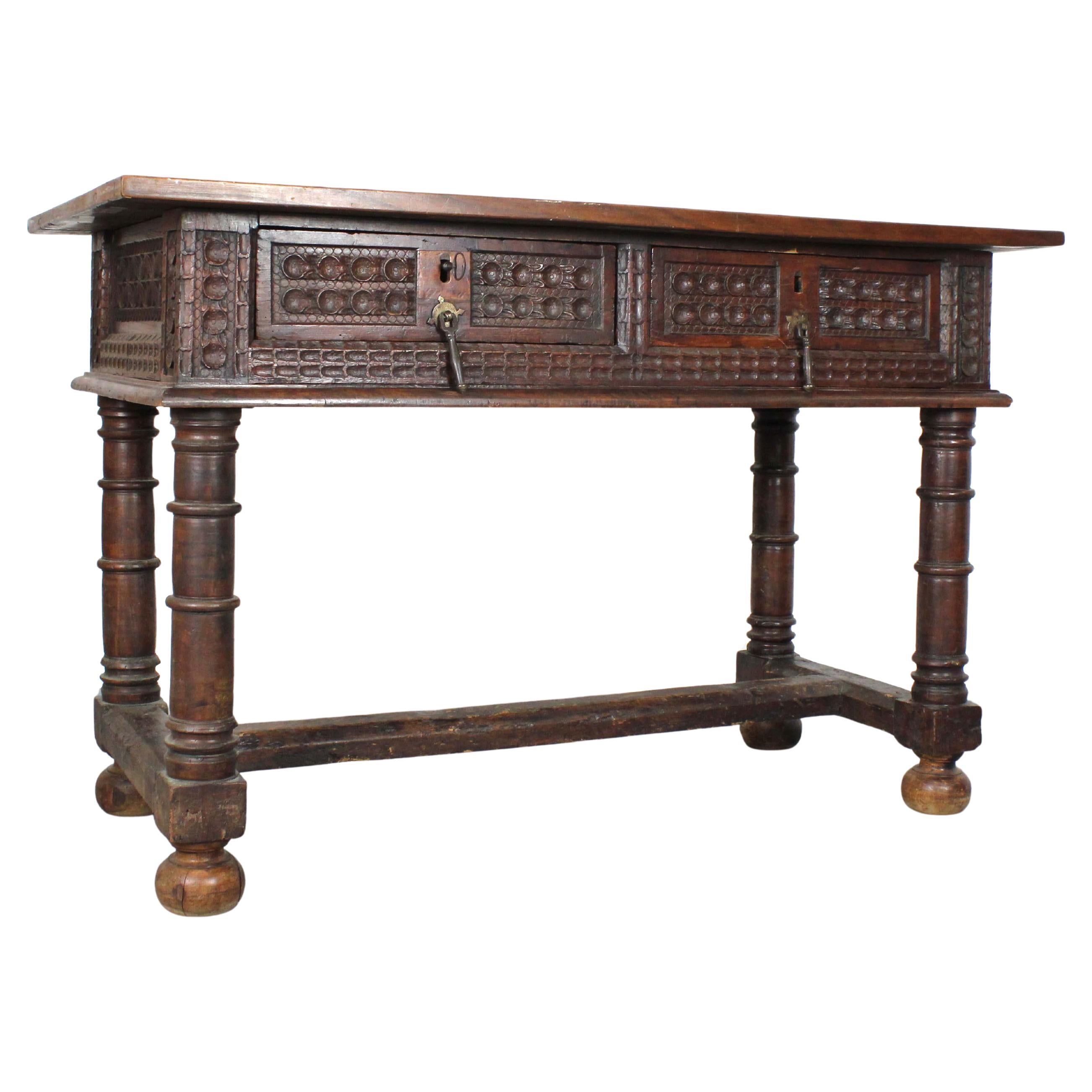 Walnut buffet table with turned legs and "H" shaped jamb, back cover - Spain - For Sale