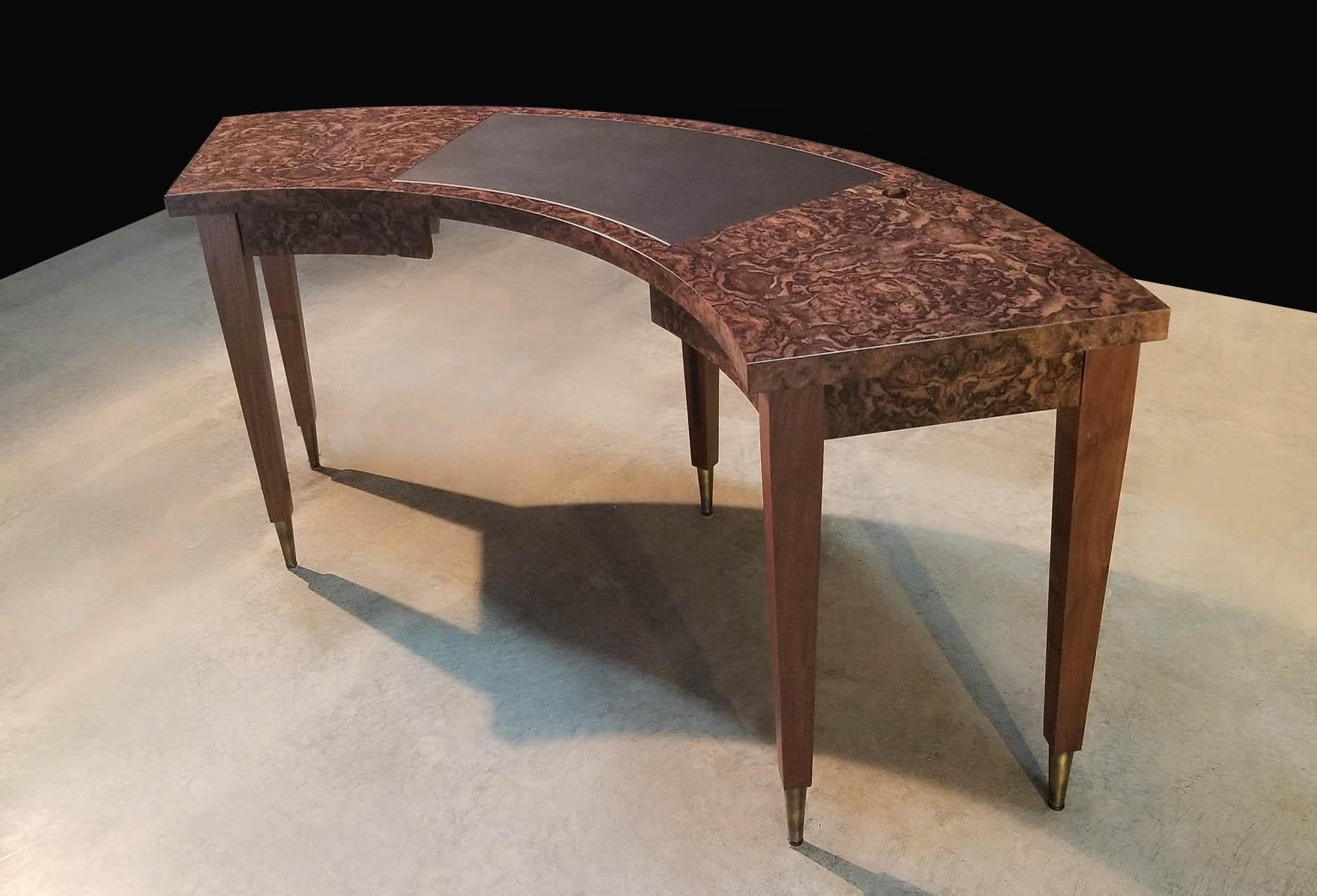 American Modern Black Walnut Burl Curved Desk with Leather Inset For Sale