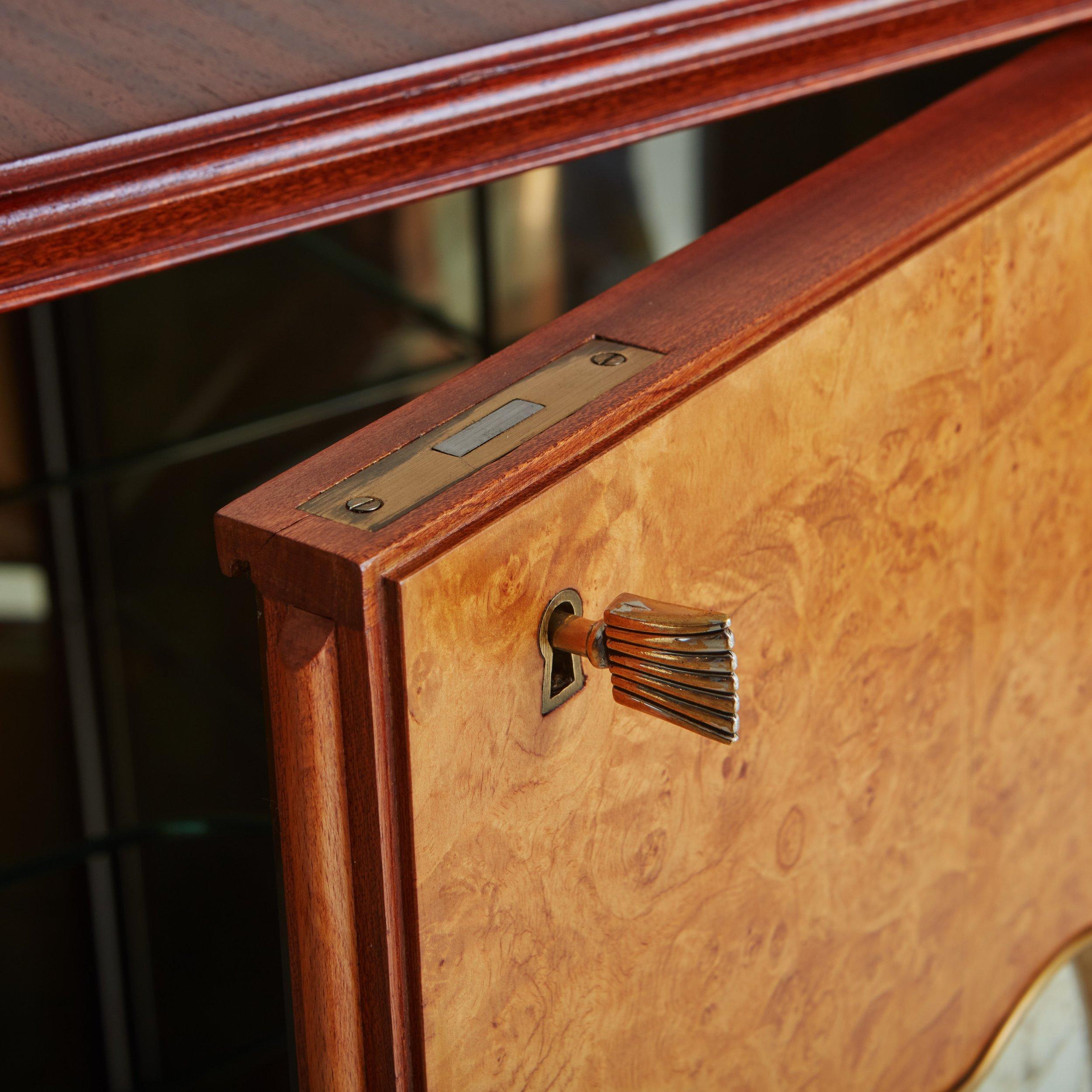 Brass Walnut + Burl Mirrored Bar Cabinet in the Style of Osvaldo Borsani, Italy 1950s For Sale