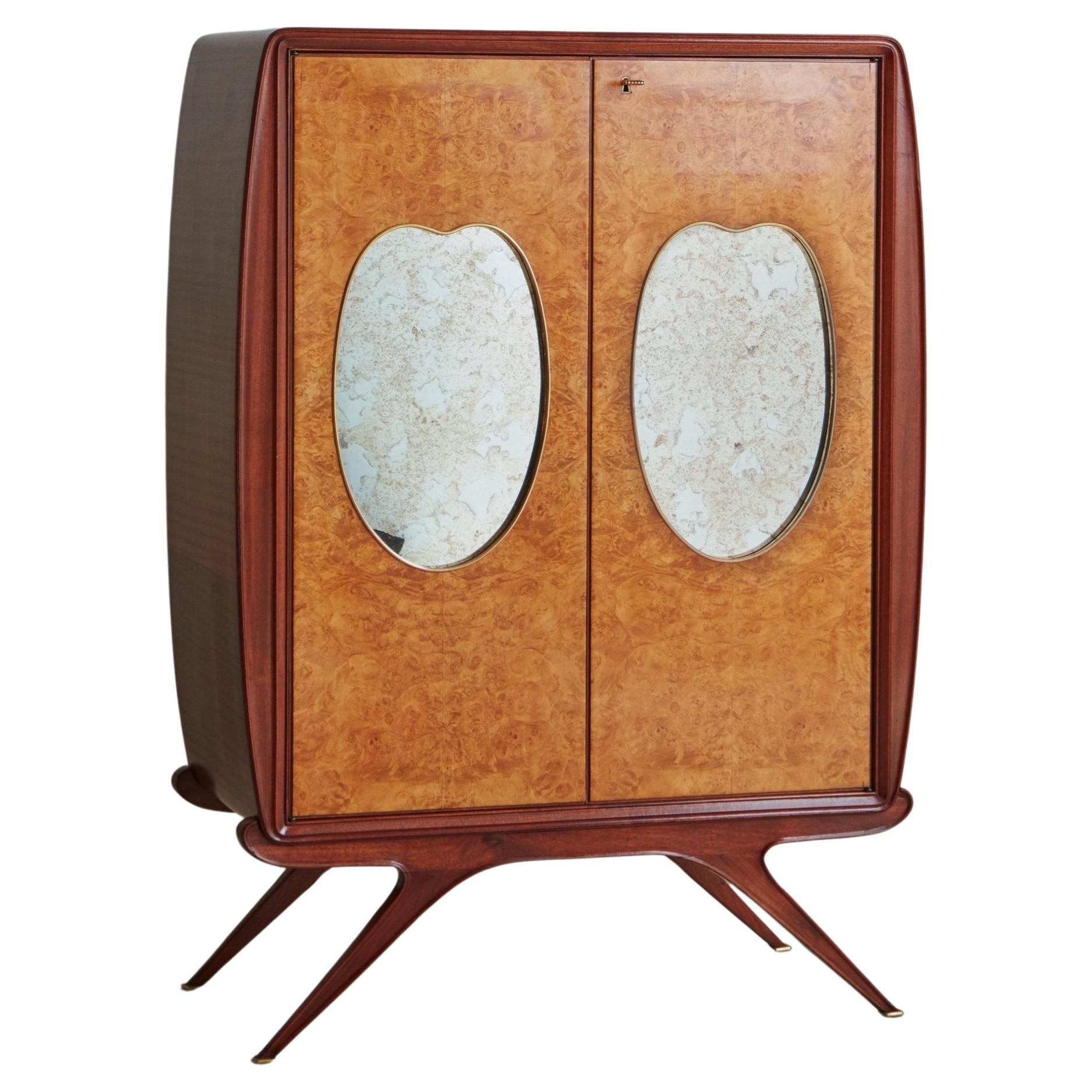 Walnut + Burl Mirrored Bar Cabinet in the Style of Osvaldo Borsani, Italy 1950s For Sale