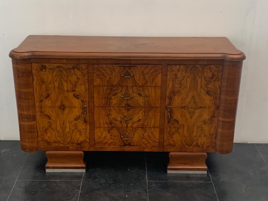 Walnut & Burl Walnut Sideboards with Wavy Lines & Mirror, 1940s, Set of 2 For Sale 3