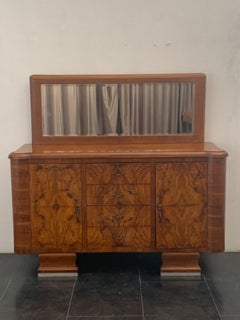 Walnut & Burl Walnut Sideboards with Wavy Lines & Mirror, 1940s, Set of 2