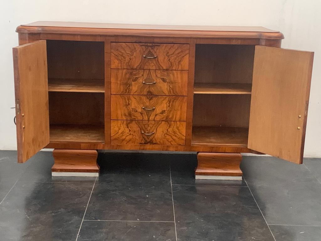 Walnut & Burl Walnut Sideboards with Wavy Lines & Mirror, 1940s, Set of 2 For Sale 1