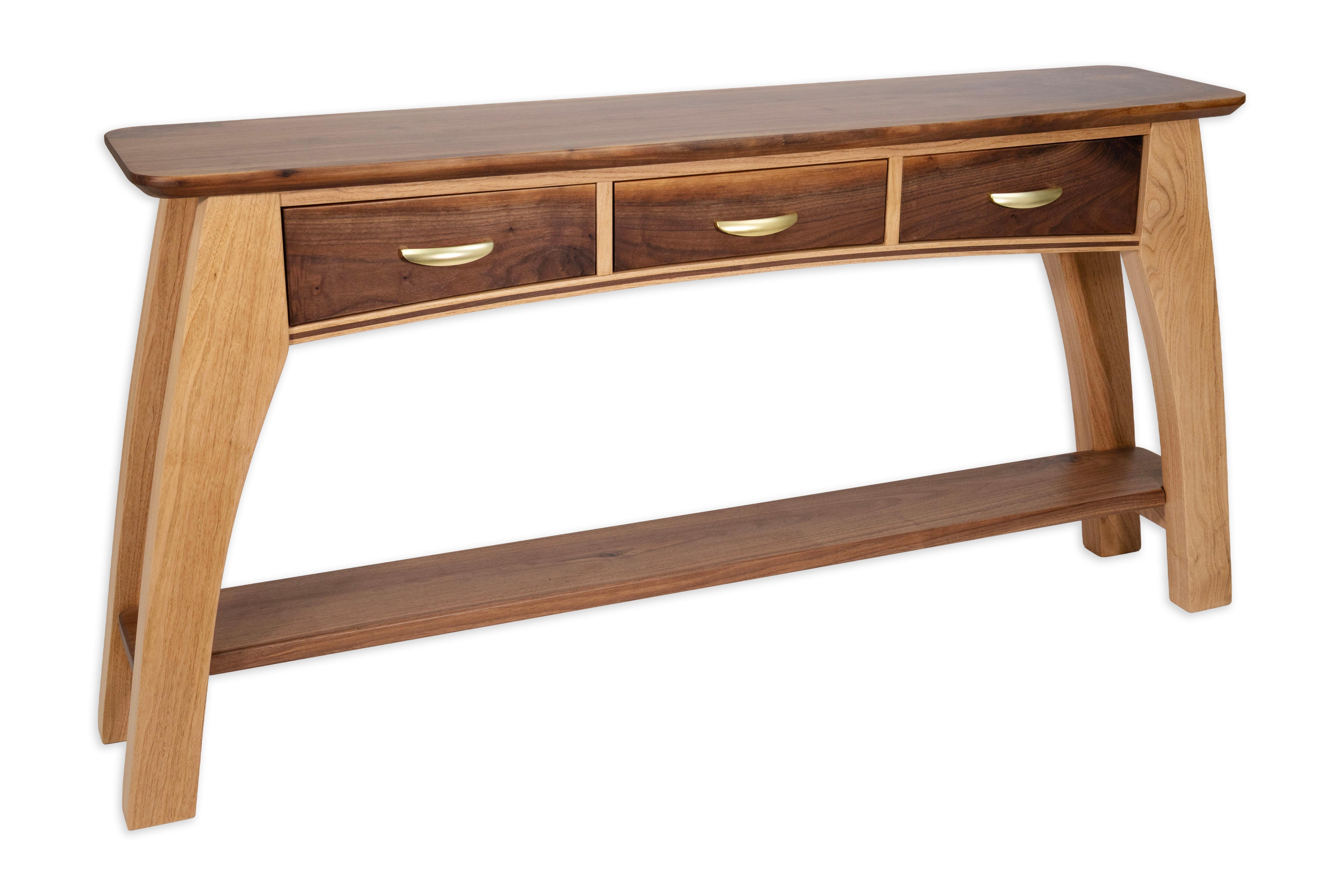 This beautifully handcrafted console table showcases the natural harmony between rich walnut and warm butternut woods. The gently curved legs and beveled edges highlight expert craftsmanship, while the contrasting tones bring depth and visual