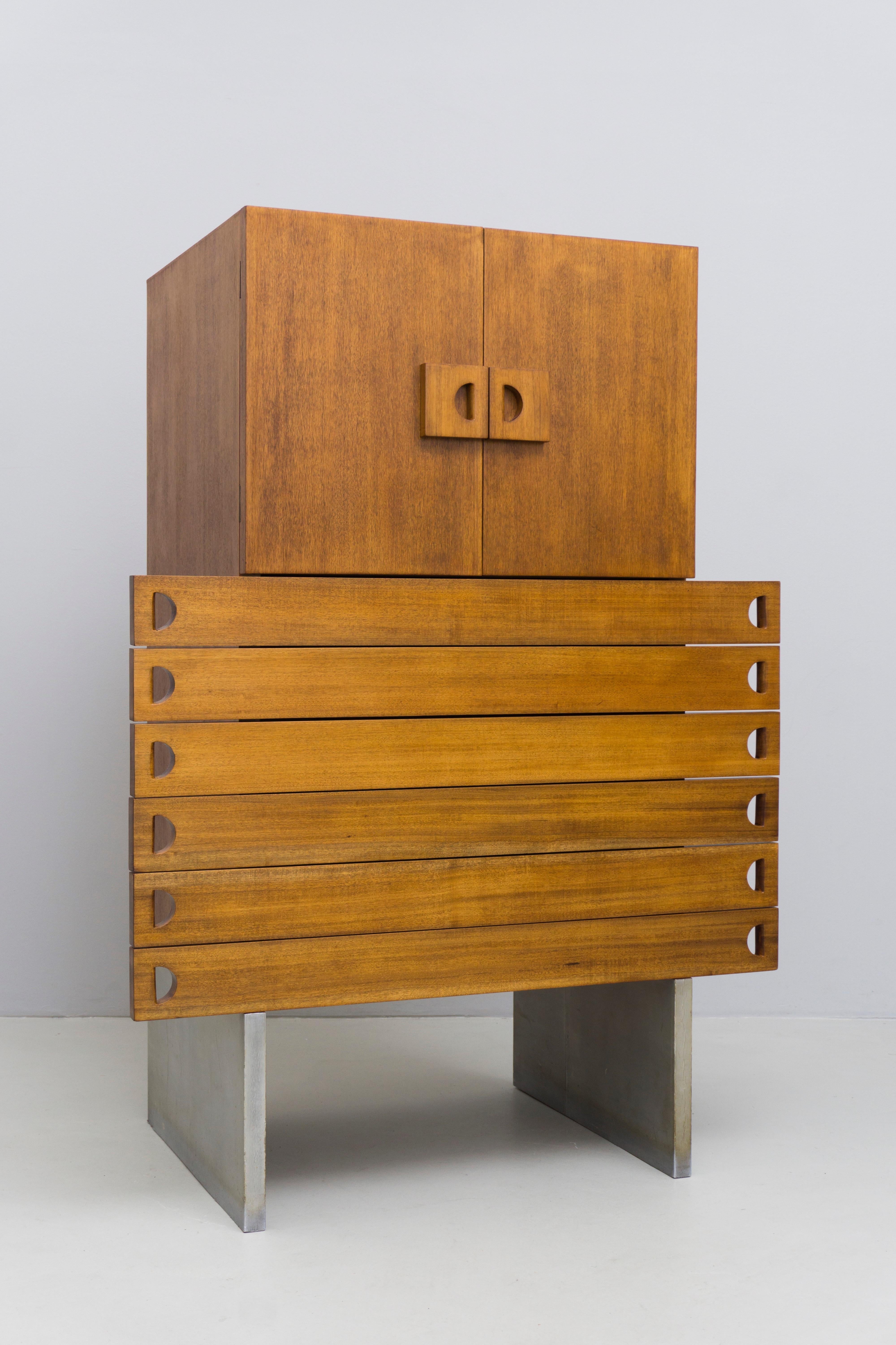 Mid-20th Century Walnut Cabinet with Silver Coated Sides, Drawers and Doors, 1960