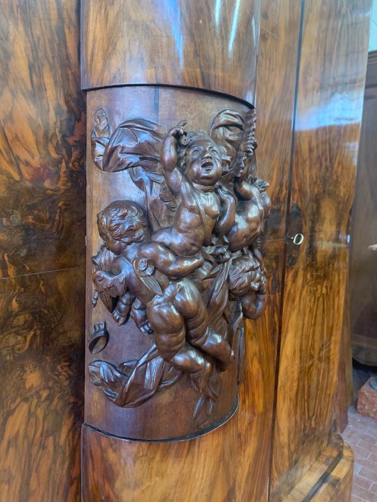 Early 20th Century Walnut Cabinet with Cherub Carvings by Ducrot, 1920s For Sale