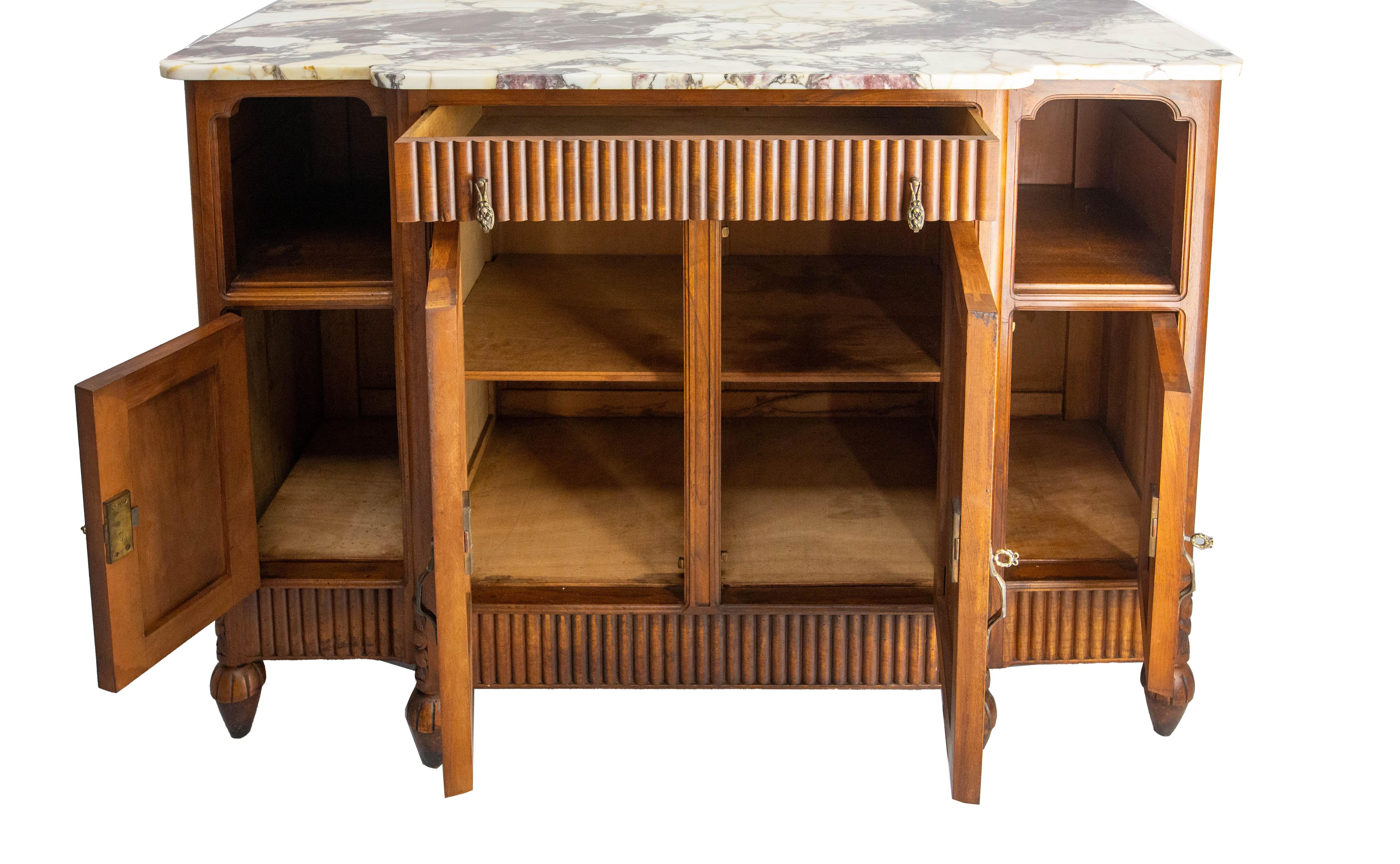 Walnut & Calacatta Marble Top Credenza Mirror Sideboard French Buffet, c 1920 For Sale 11