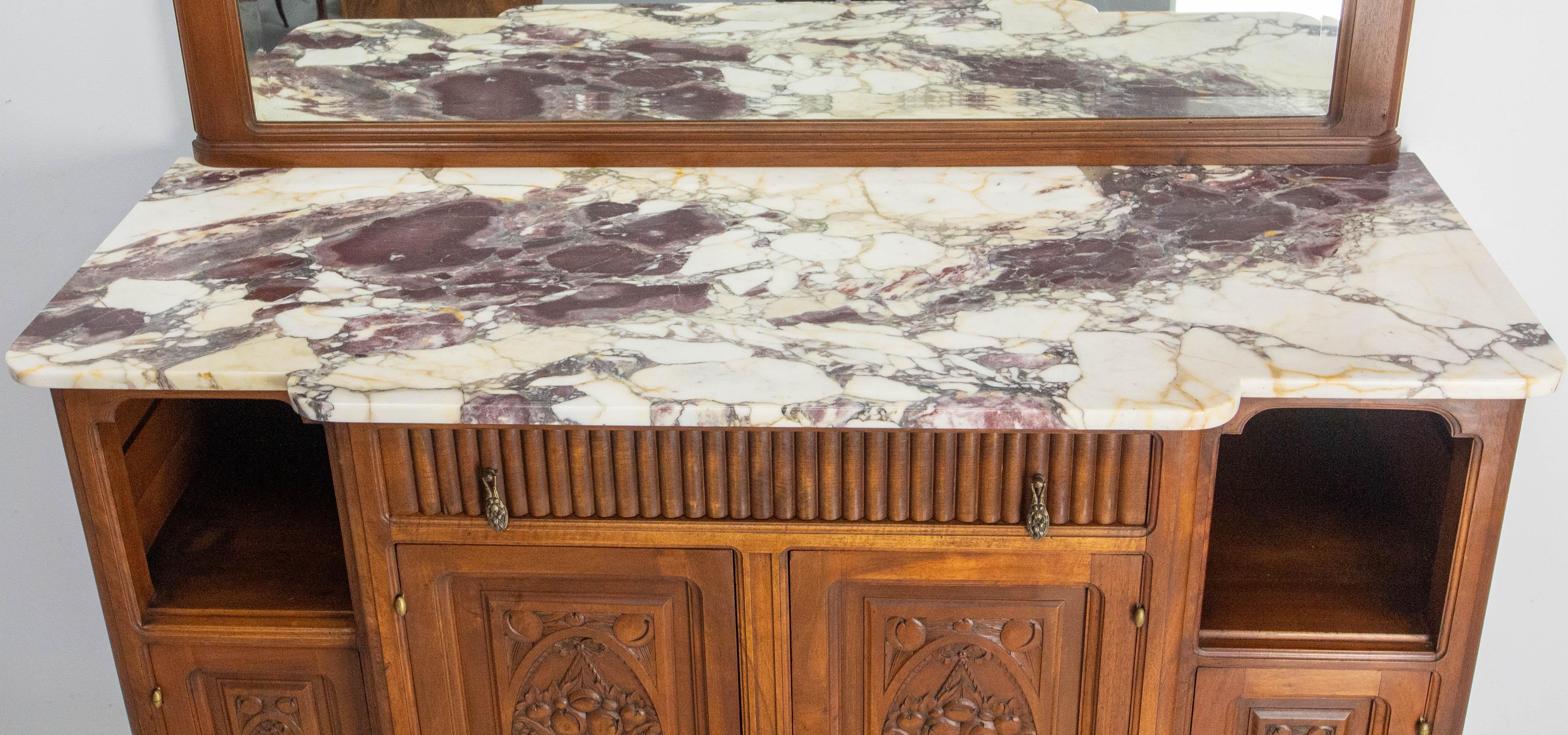 Walnut & Calacatta Marble Top Credenza Mirror Sideboard French Buffet, c 1920 In Good Condition For Sale In Labrit, Landes