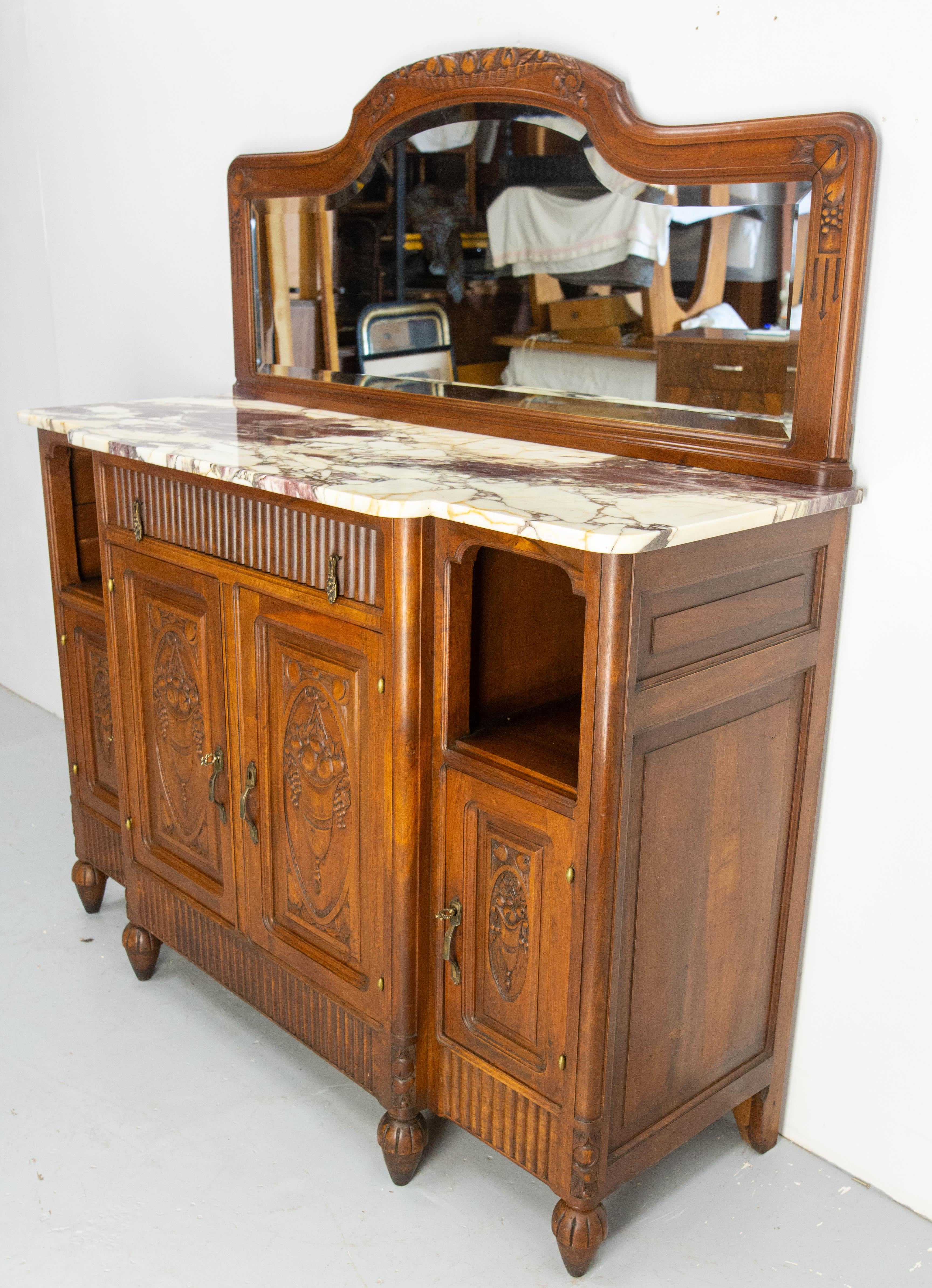 20th Century Walnut & Calacatta Marble Top Credenza Mirror Sideboard French Buffet, c 1920 For Sale