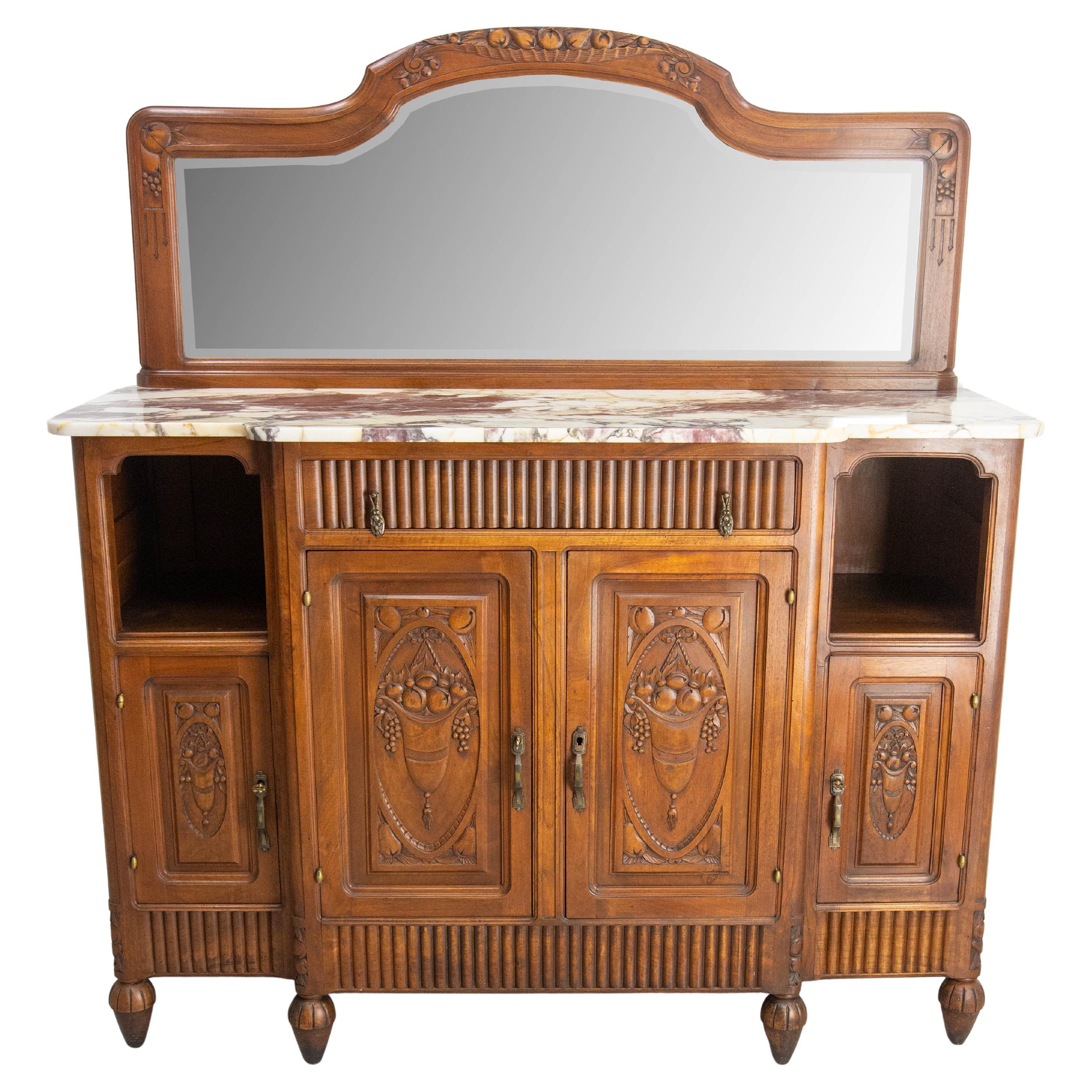 Crédence, miroir, buffet français en noyer et marbre de Calacatta, c.1920
