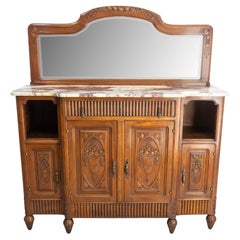 Walnut & Calacatta Marble Top Credenza Mirror Sideboard French Buffet, c 1920