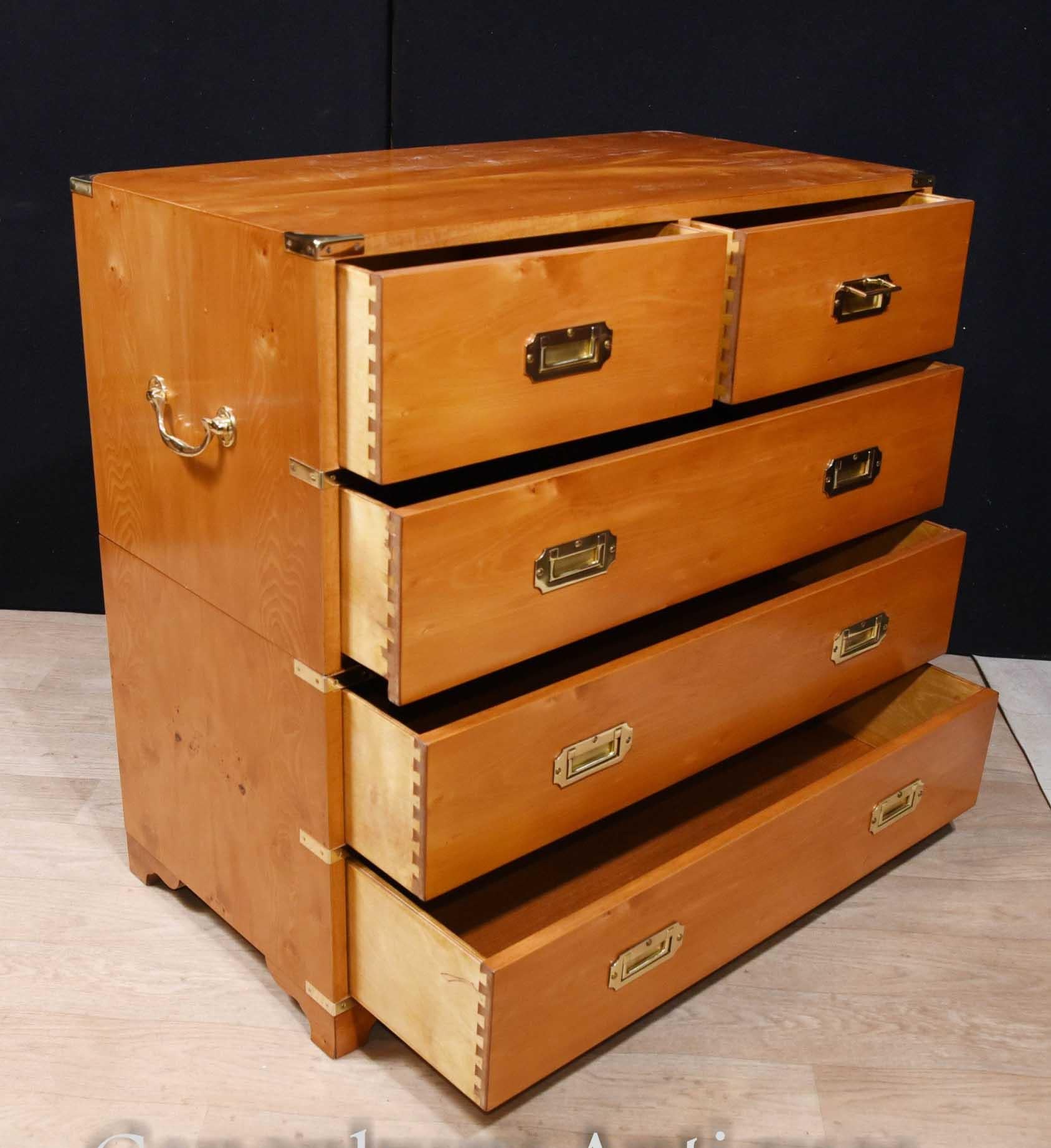 - Cracking campaign chest of drawers in walnut.
- Classic campaign look with the brass handles and corner protectors.
- Campaign furniture was designed to be moved around easily.
- Five drawers so ample storage on this gorgeous chest of